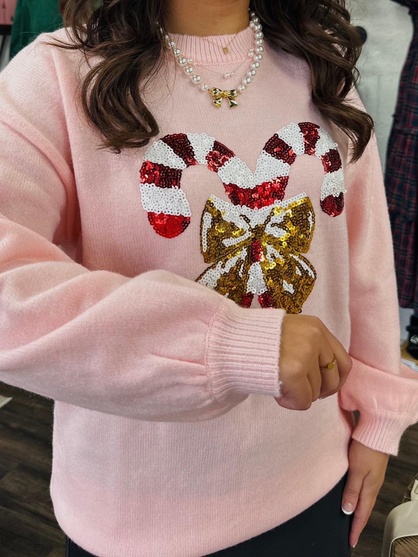 Candy Cane Embroidered Sequin Sweater