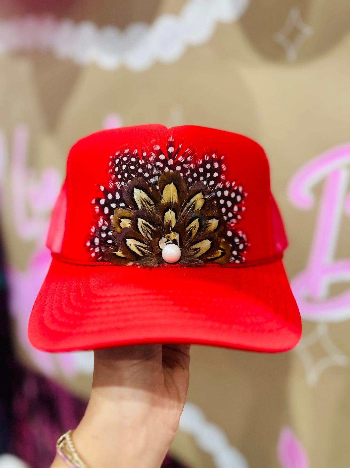 Red Feather + Pearl Trucker Hat