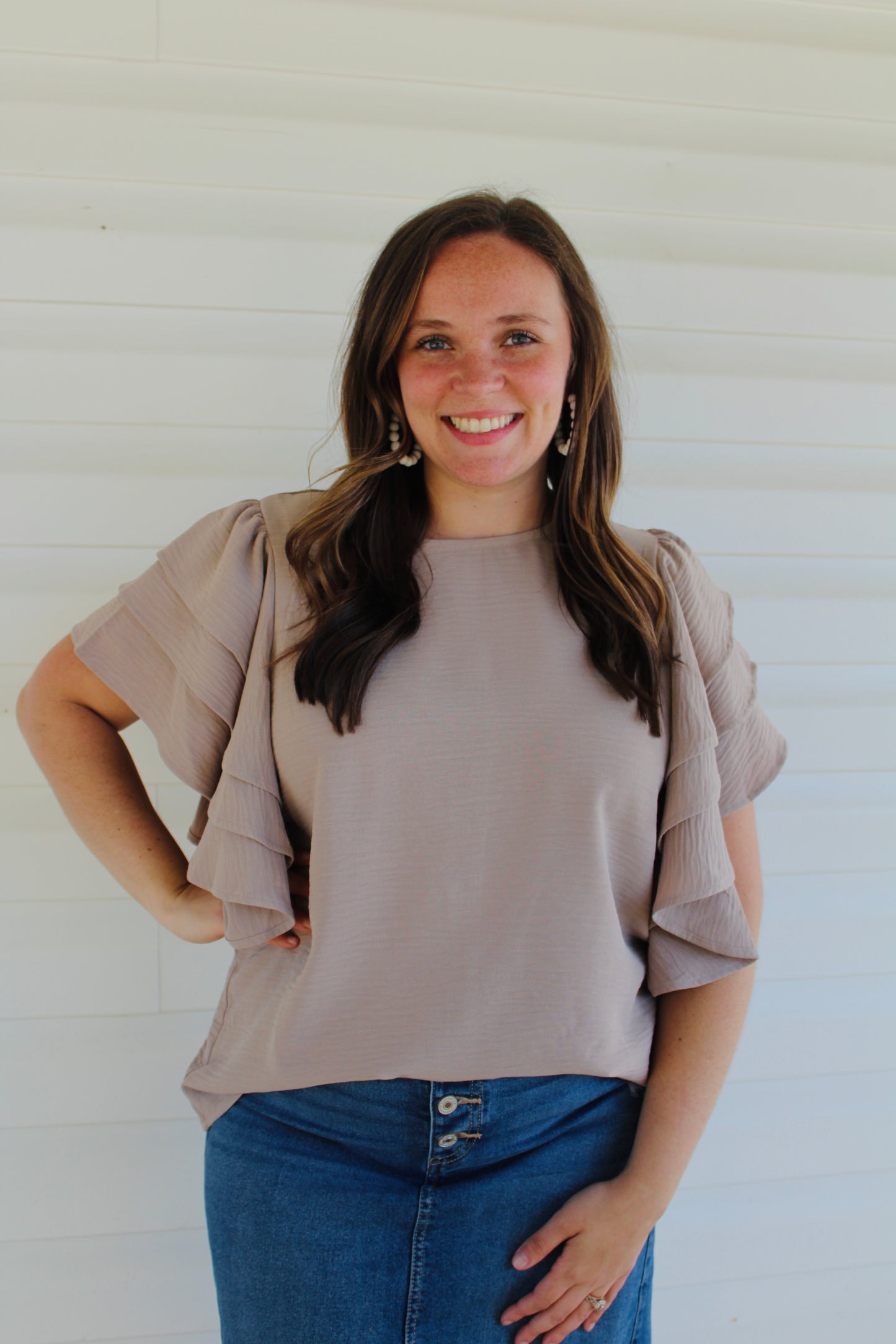 Mocha Tiered Ruffle Sleeve Top