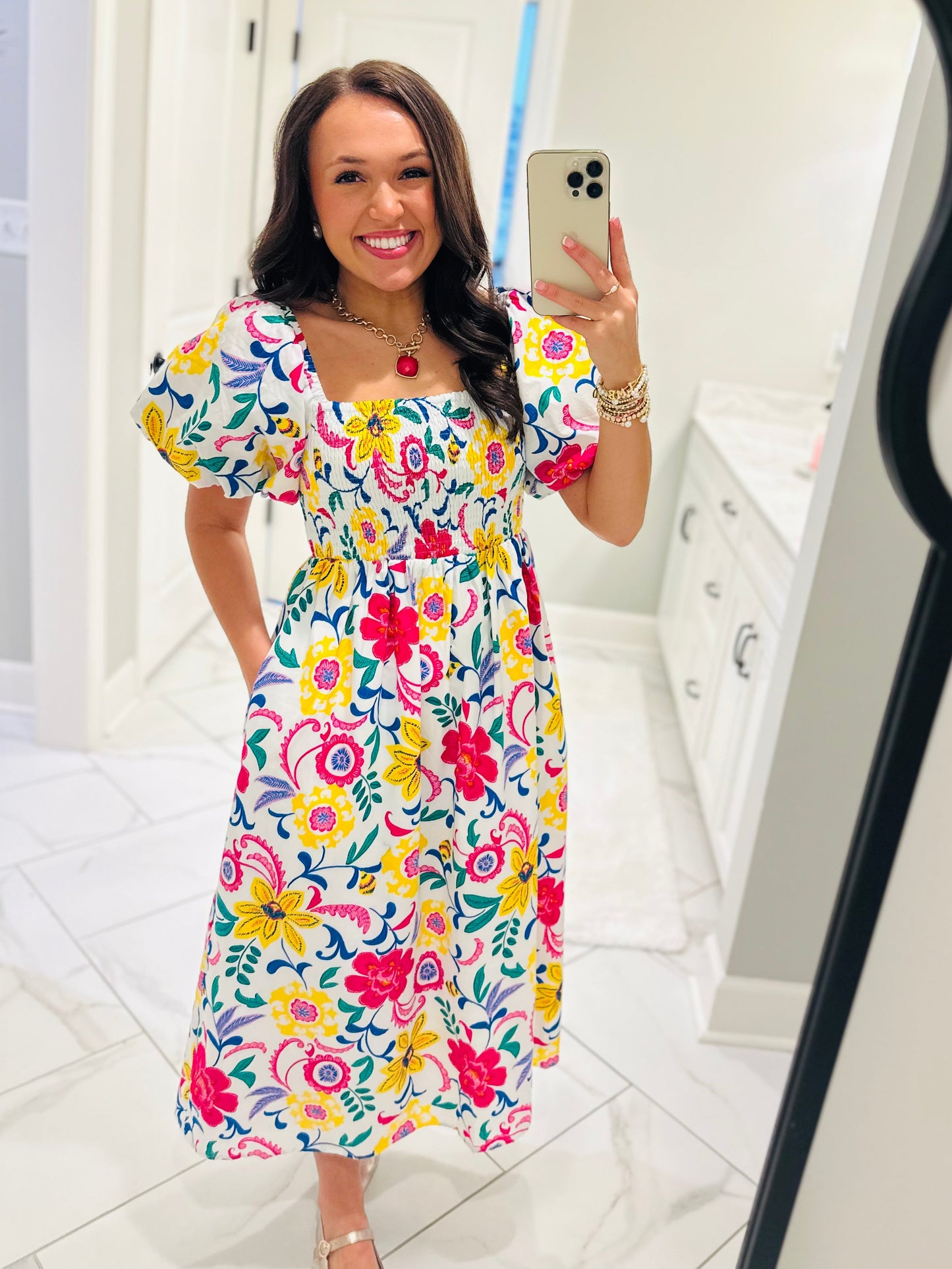 The Kes White Floral Smocked Midi Dress
