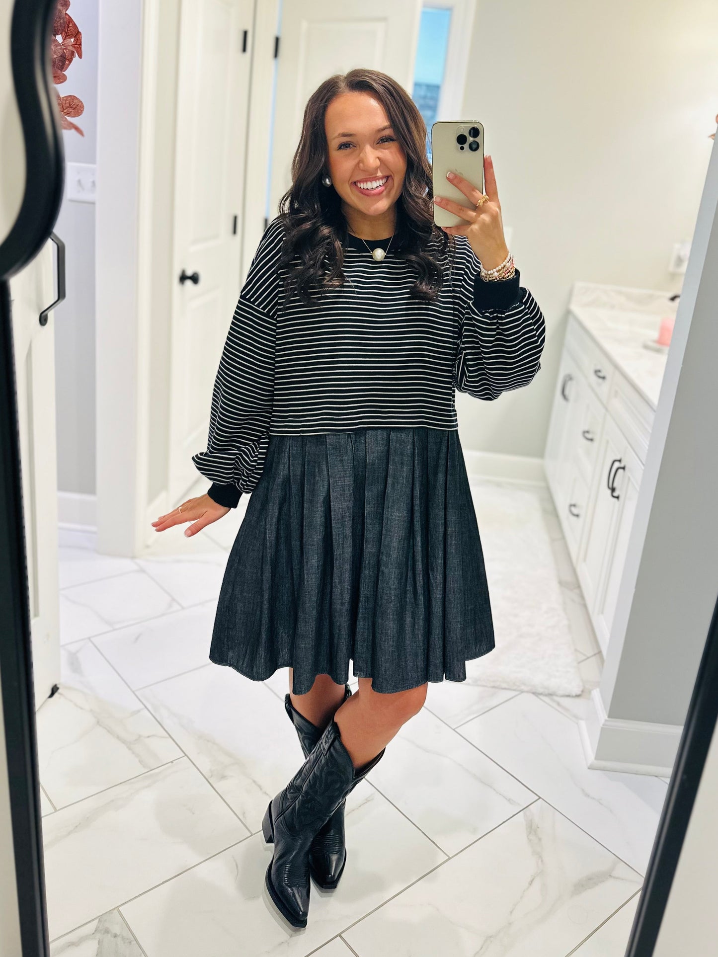 The Ella Long Sleeve Pleated Dress - Black / Denim