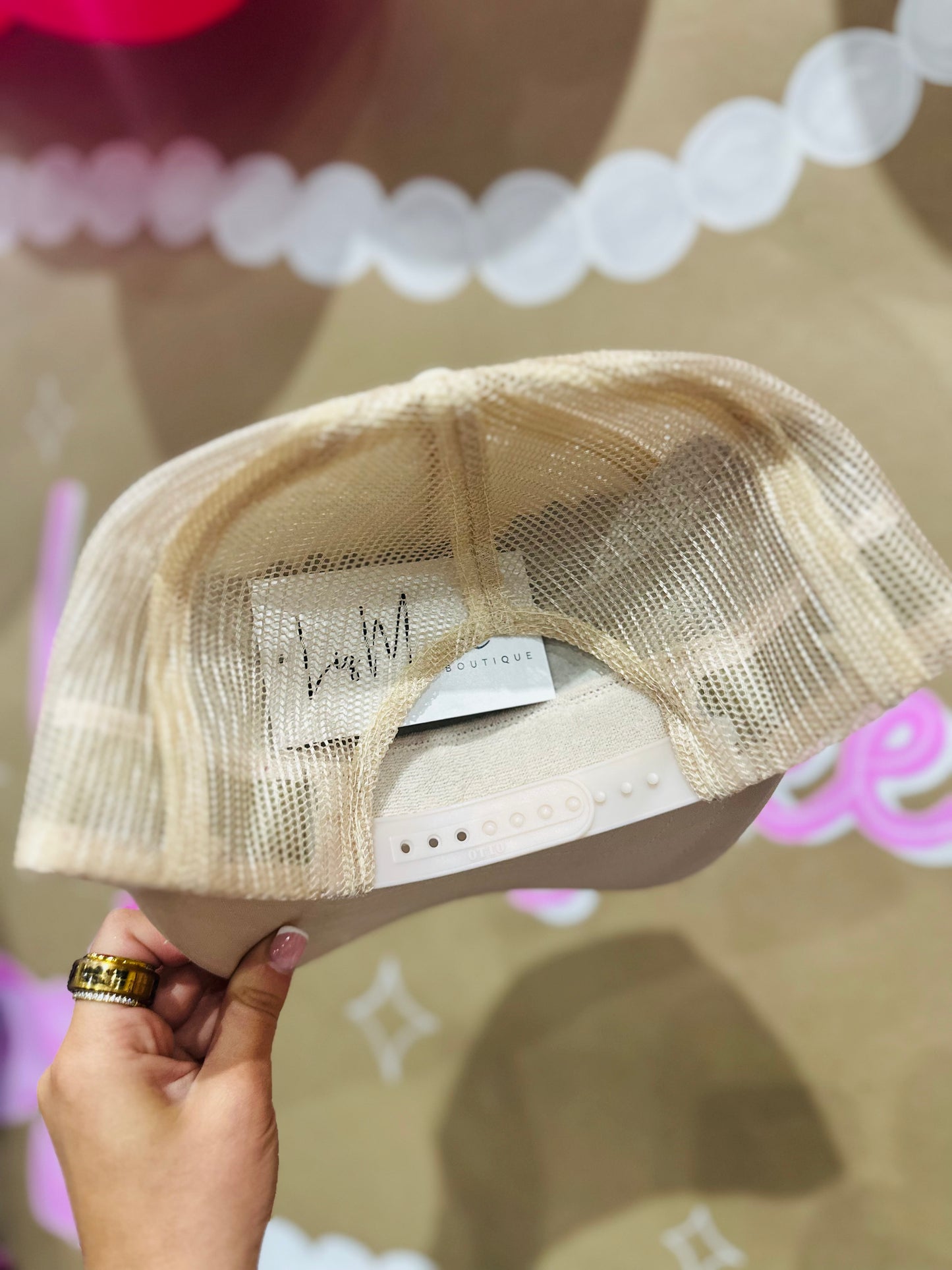 Tan Feather + Turquoise Stone Trucker Hat