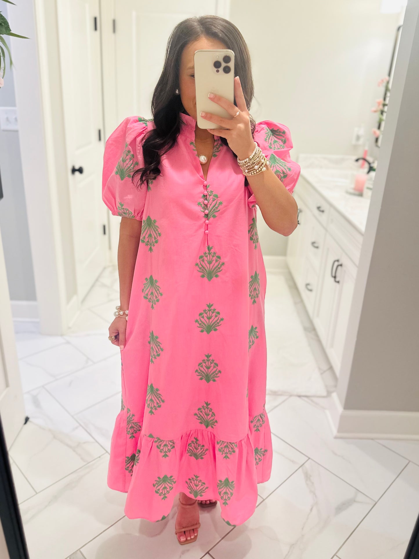 The Nola Pink + Green Botanical Embroidered Midi Dress