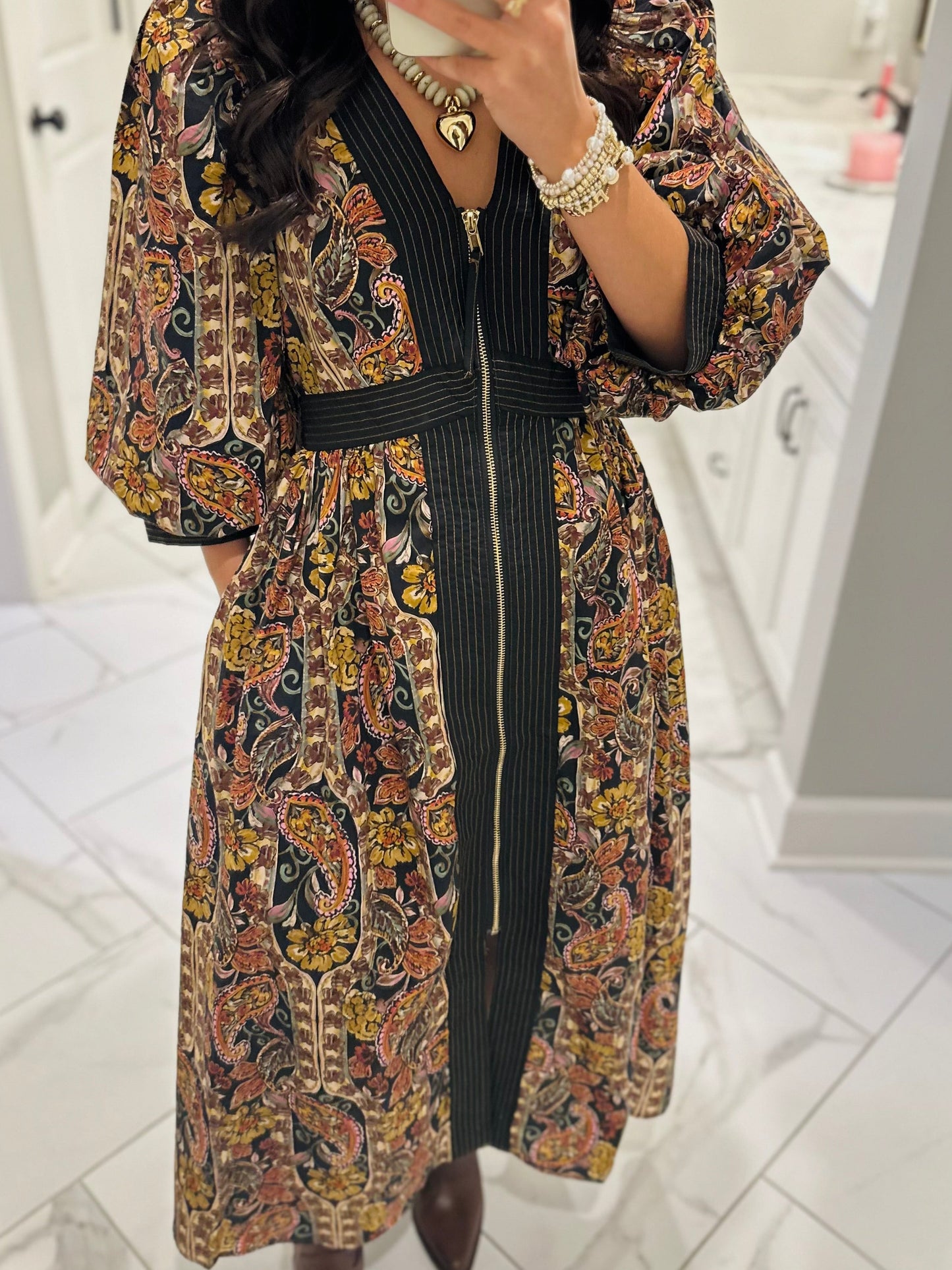 The Libby Black Floral Paisley Midi Dress