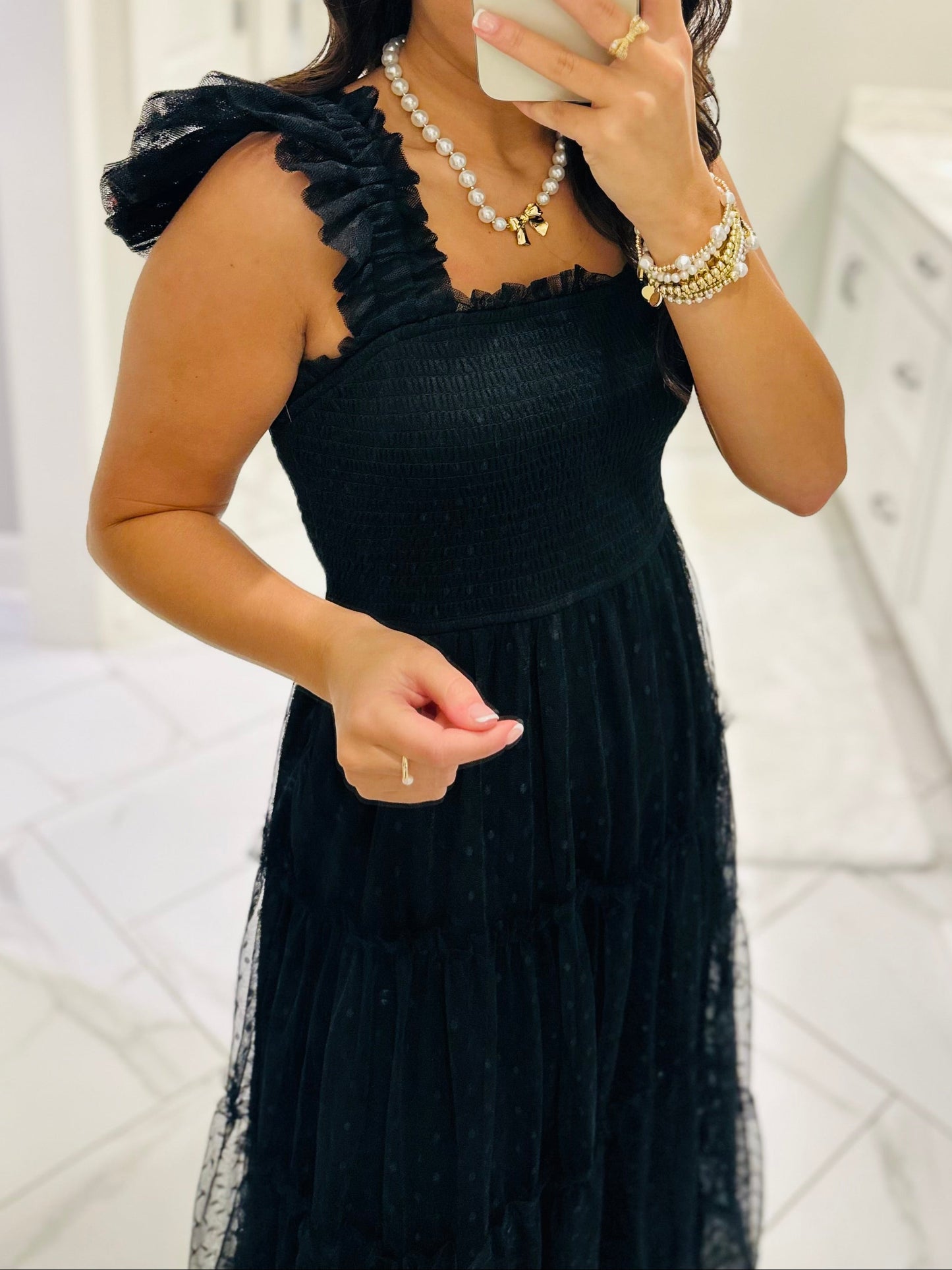 The Noelle Black Polka Dot Chiffon Smocked Midi Dress