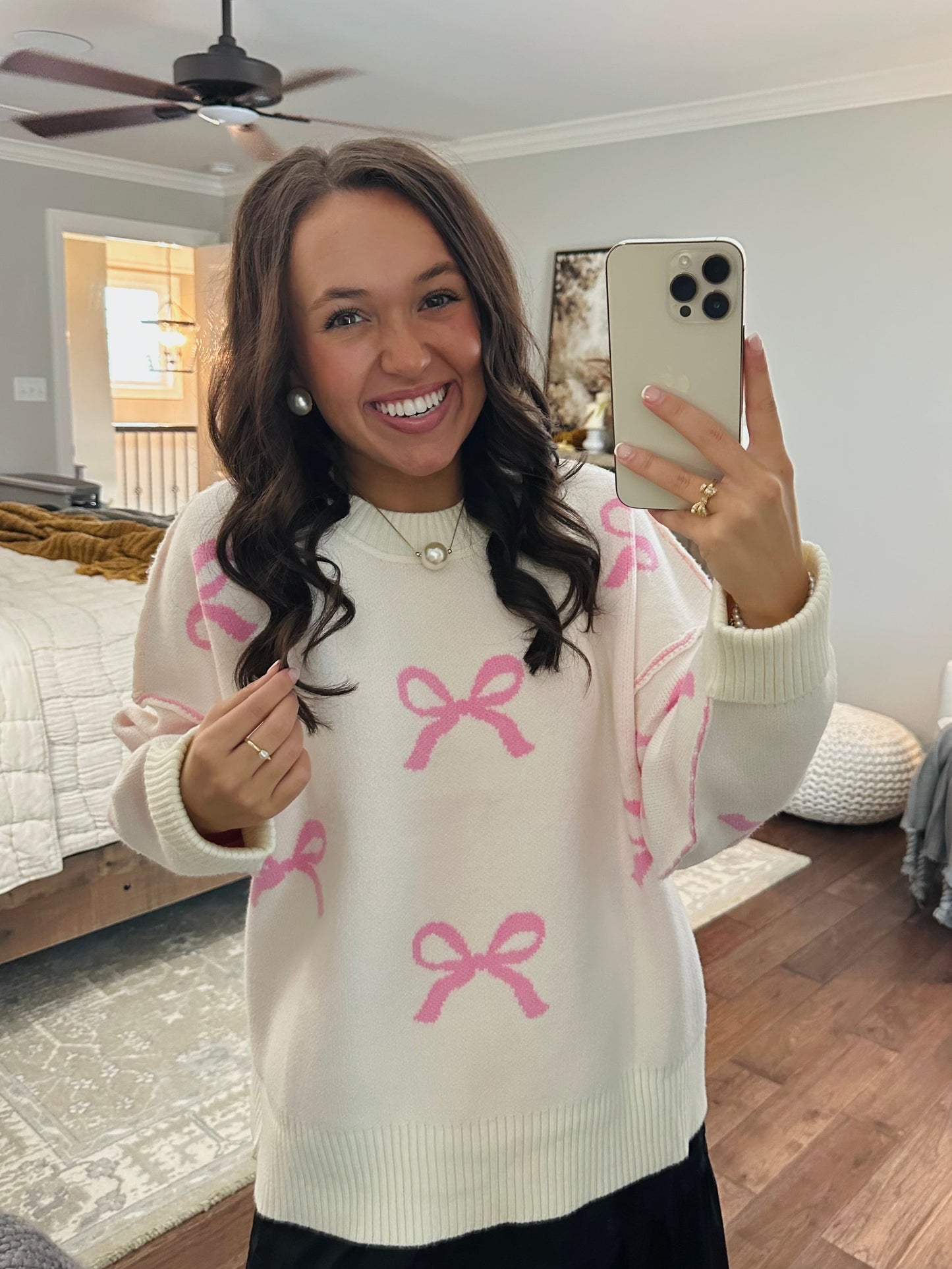 The Grace Pink + Cream Bow Sweater