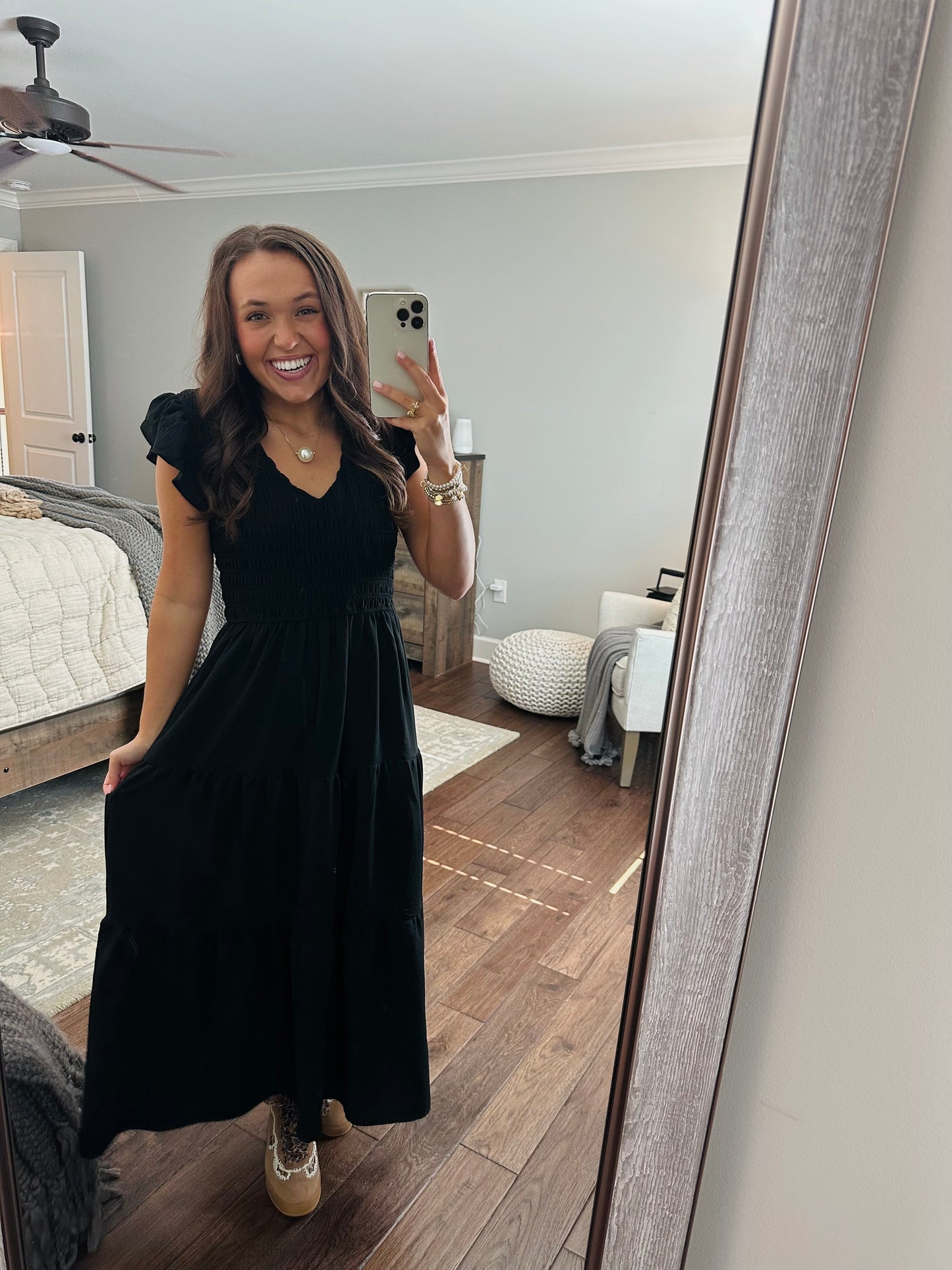 The Maple Black Flutter Sleeve Smocked Midi Dress