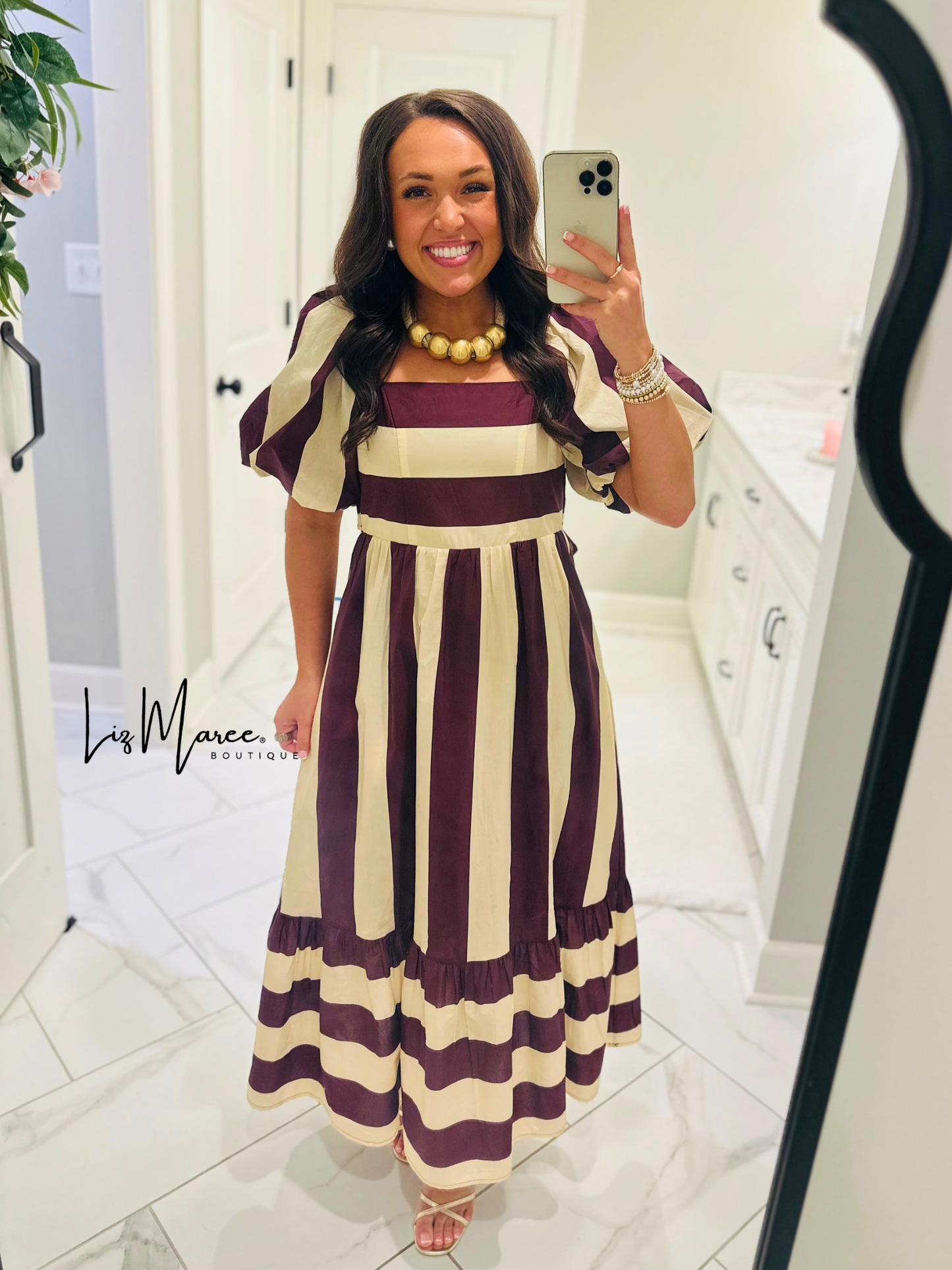 The Danyale Merlot Striped Bow Midi Dress