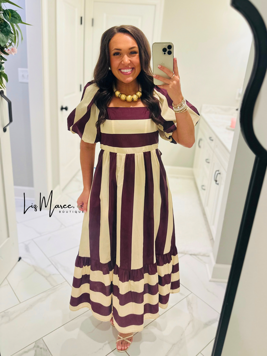 The Danyale Merlot Striped Bow Midi Dress