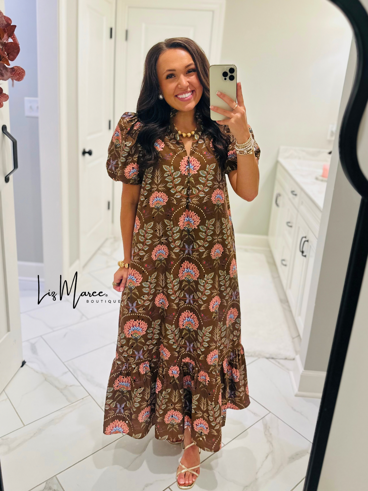 The Katherine Brown Floral Eyelet Midi Dress