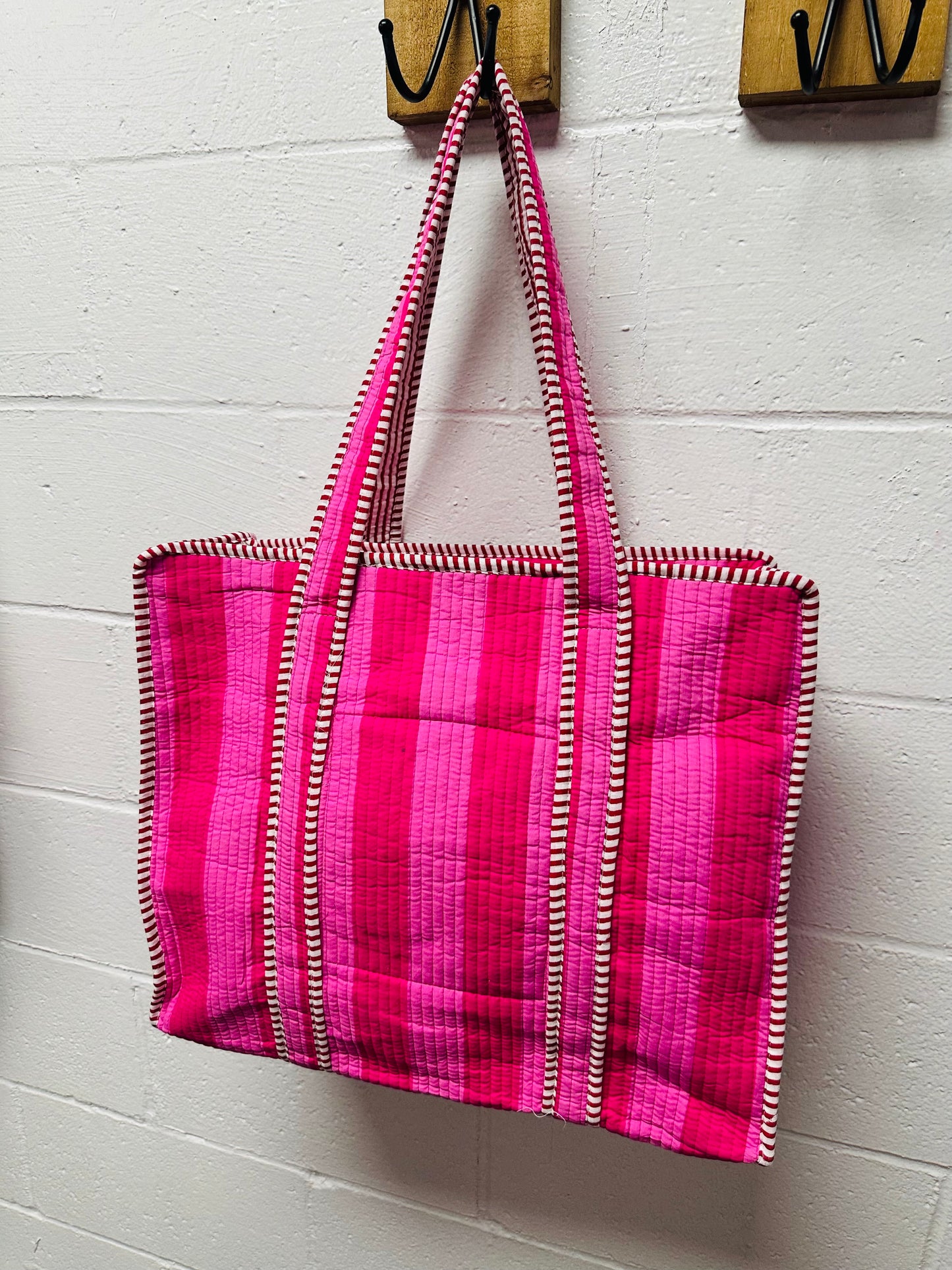 The Pink + Red Striped Quilted Tote Bag