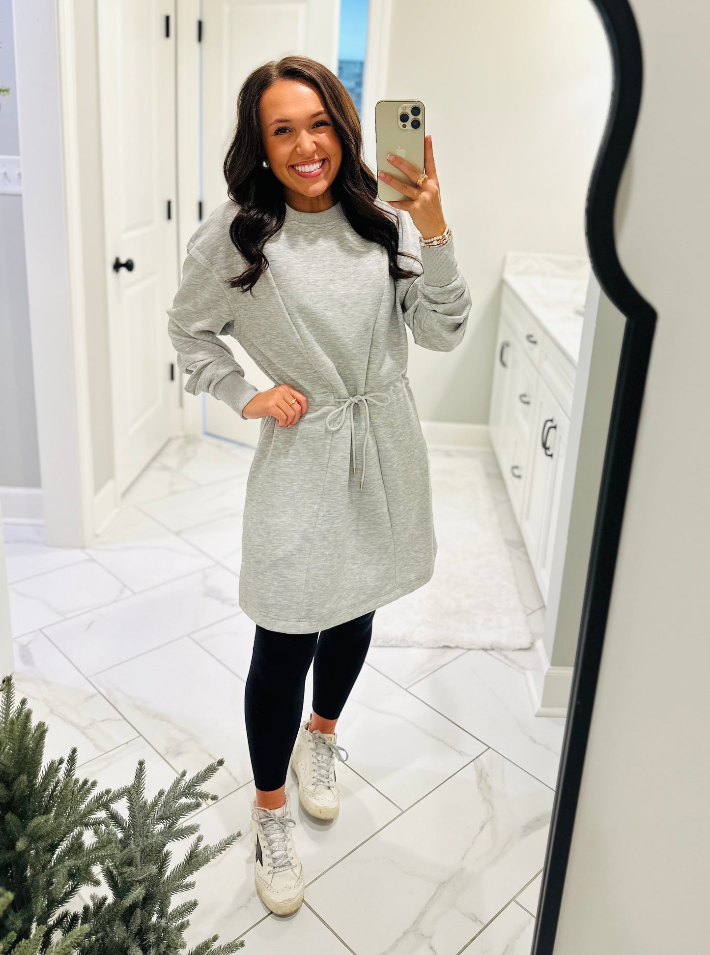 The Heather Grey Jersey Knit Longsleeve Drawstring Dress