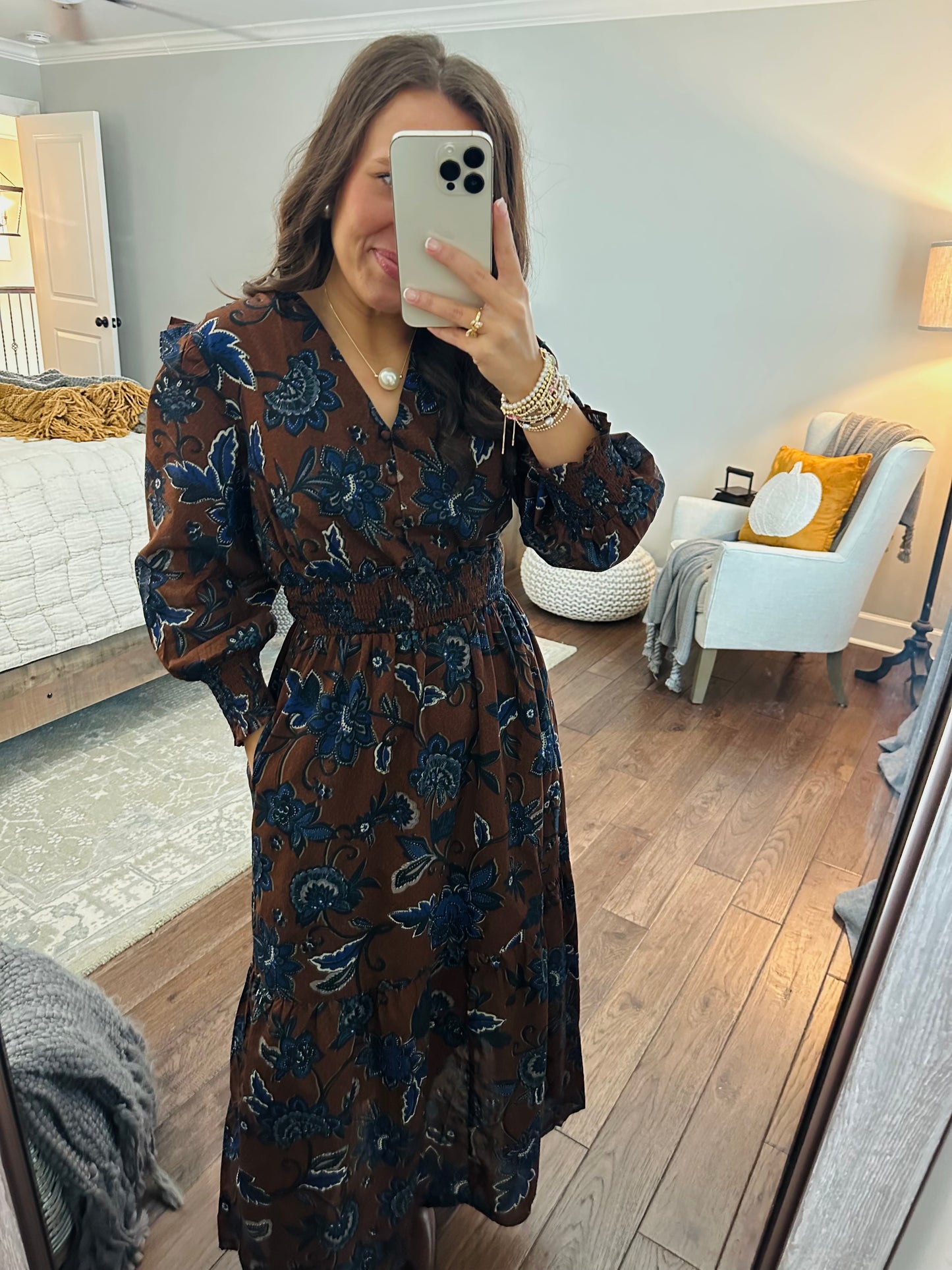 The Marlina Brown + Blue Floral Midi Dress