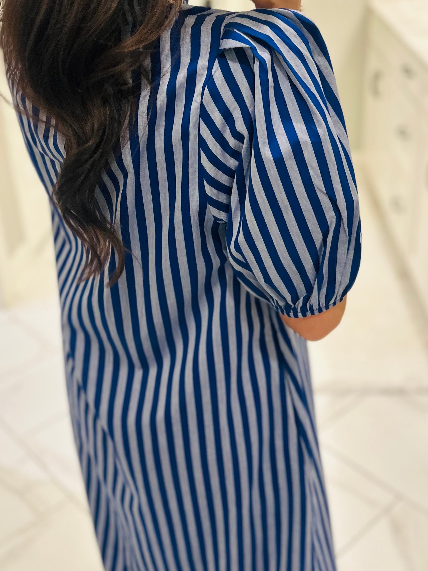 The Quinn Navy Blue Striped Midi Dress