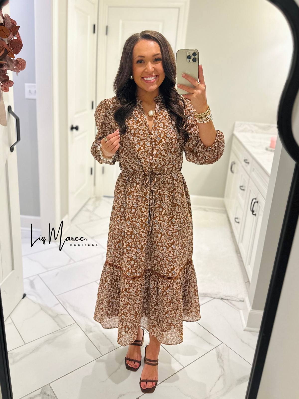The Ramsey Brown Ditsy Floral Midi Dress
