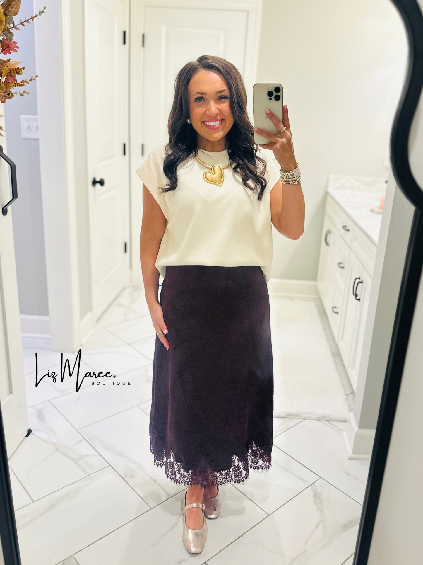 The Dallas Burgundy Satin Lace Midi Skirt