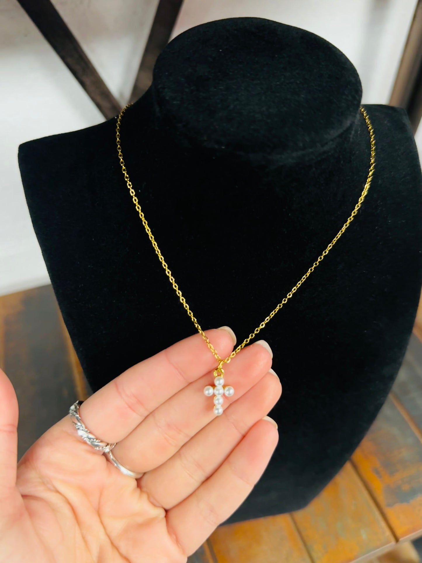 Dainty Pearl Cross Necklace