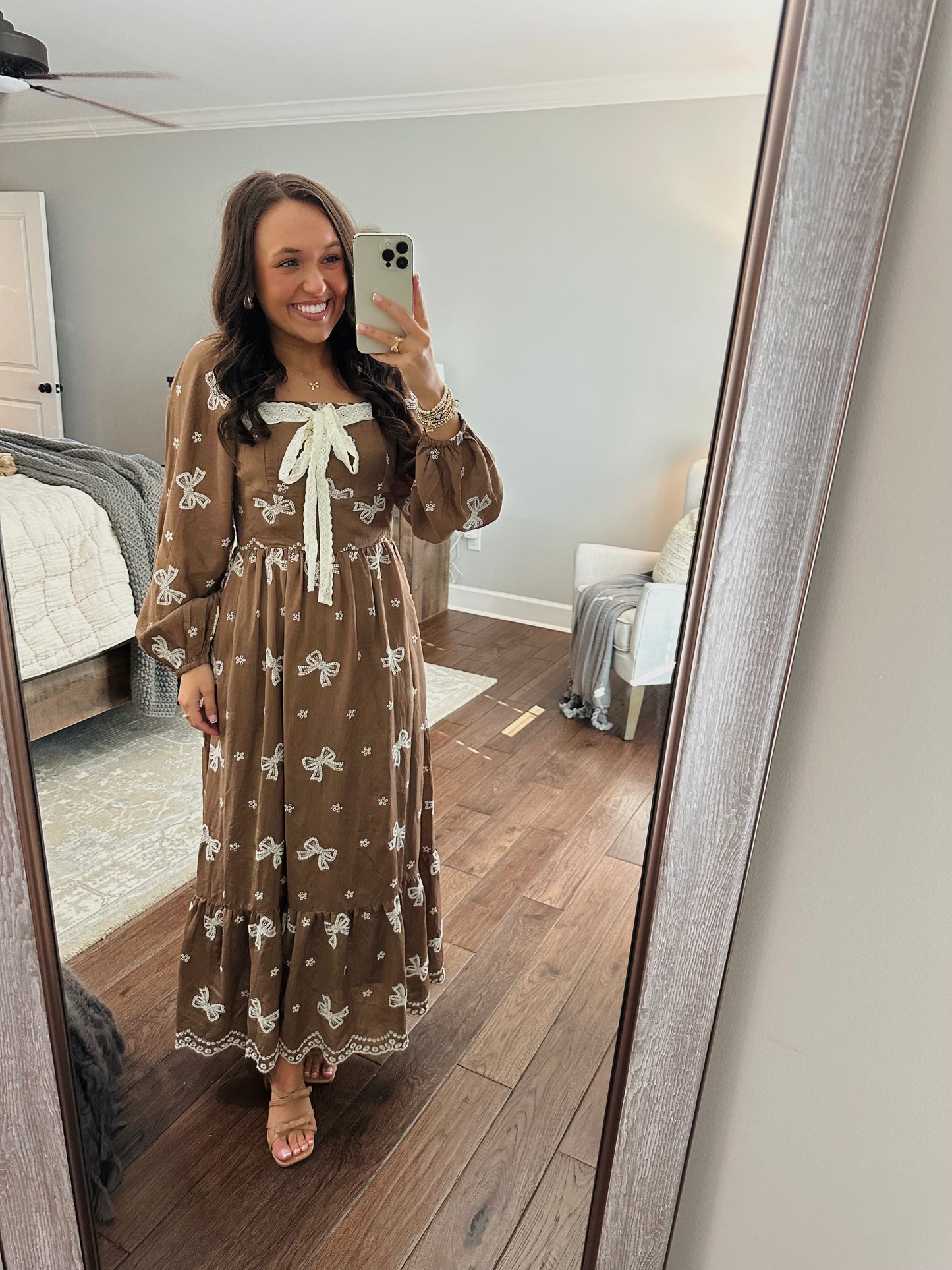 The Bruna Brown Bow Embroidered Midi Dress