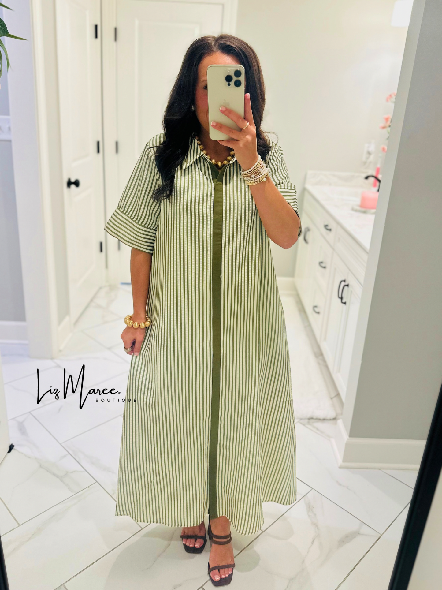 The Nora Olive Green Striped Midi Dress
