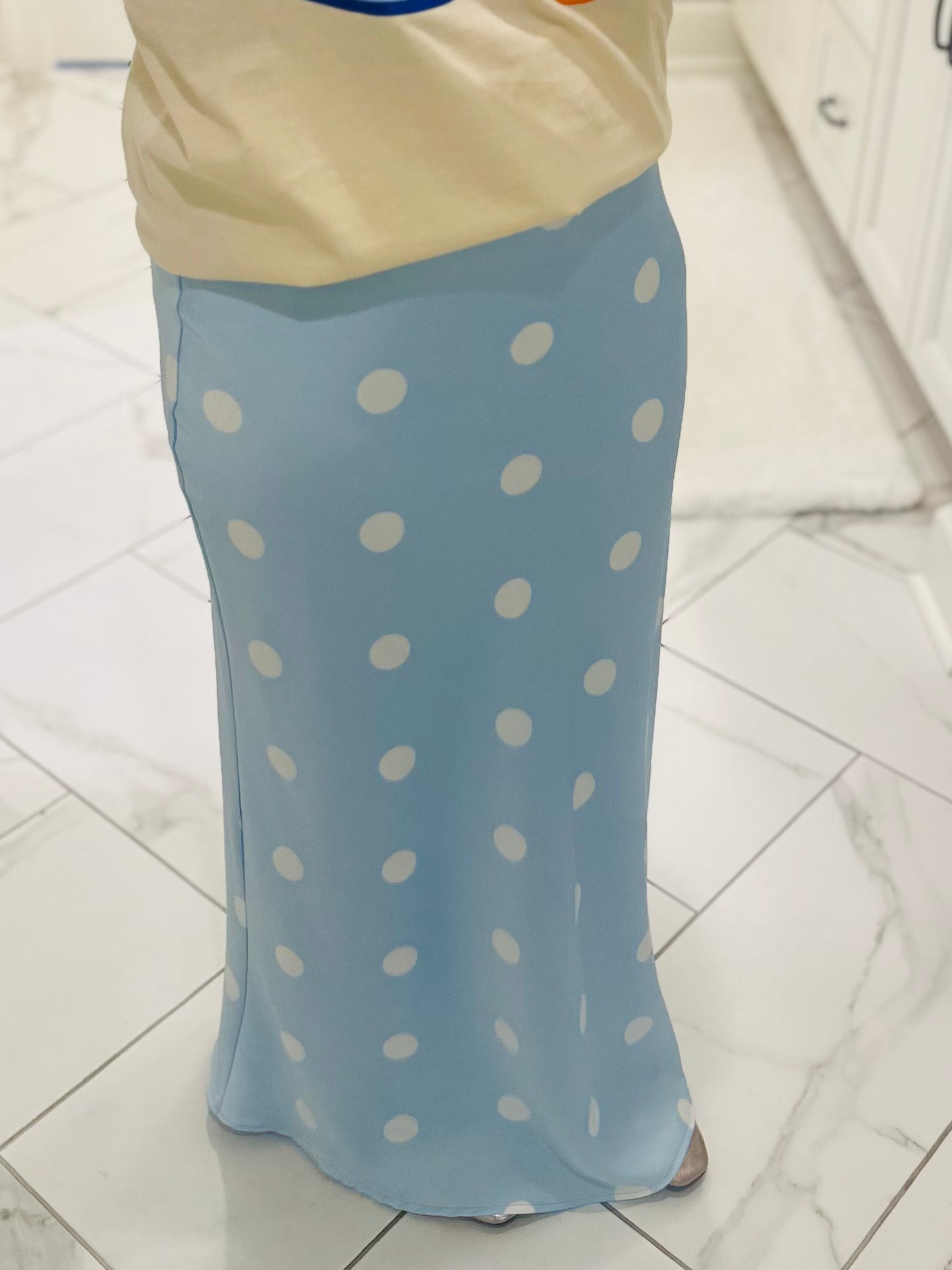 The Lt. Blue Polka Dot Satin Maxi Skirt