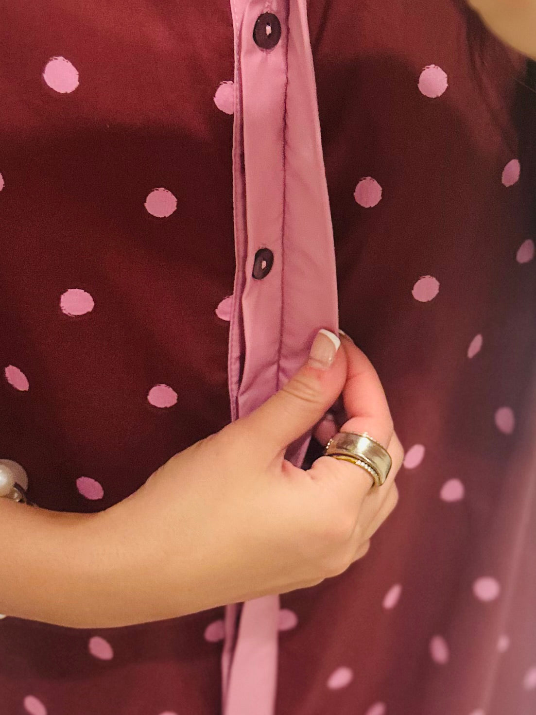 The Ruth Burgundy + Pink Polka Dot Midi Dress