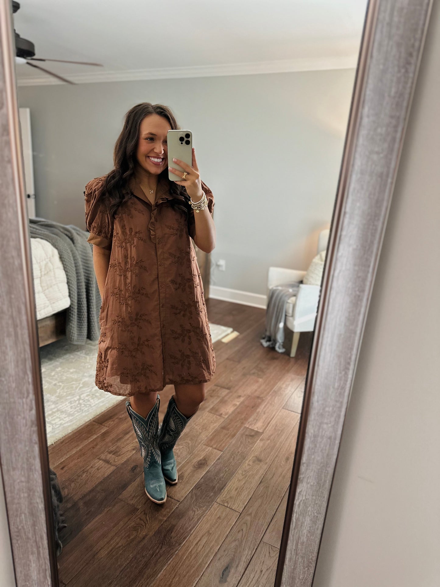 The Taylor Mocha Brown Floral Appliqué Dress