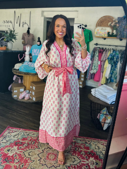 The Evie White + Pink Floral Midi Dress