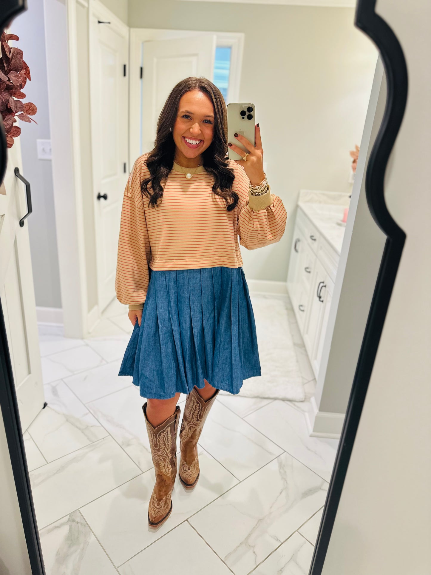 The Ella Long Sleeve Pleated Dress - Taupe / Denim