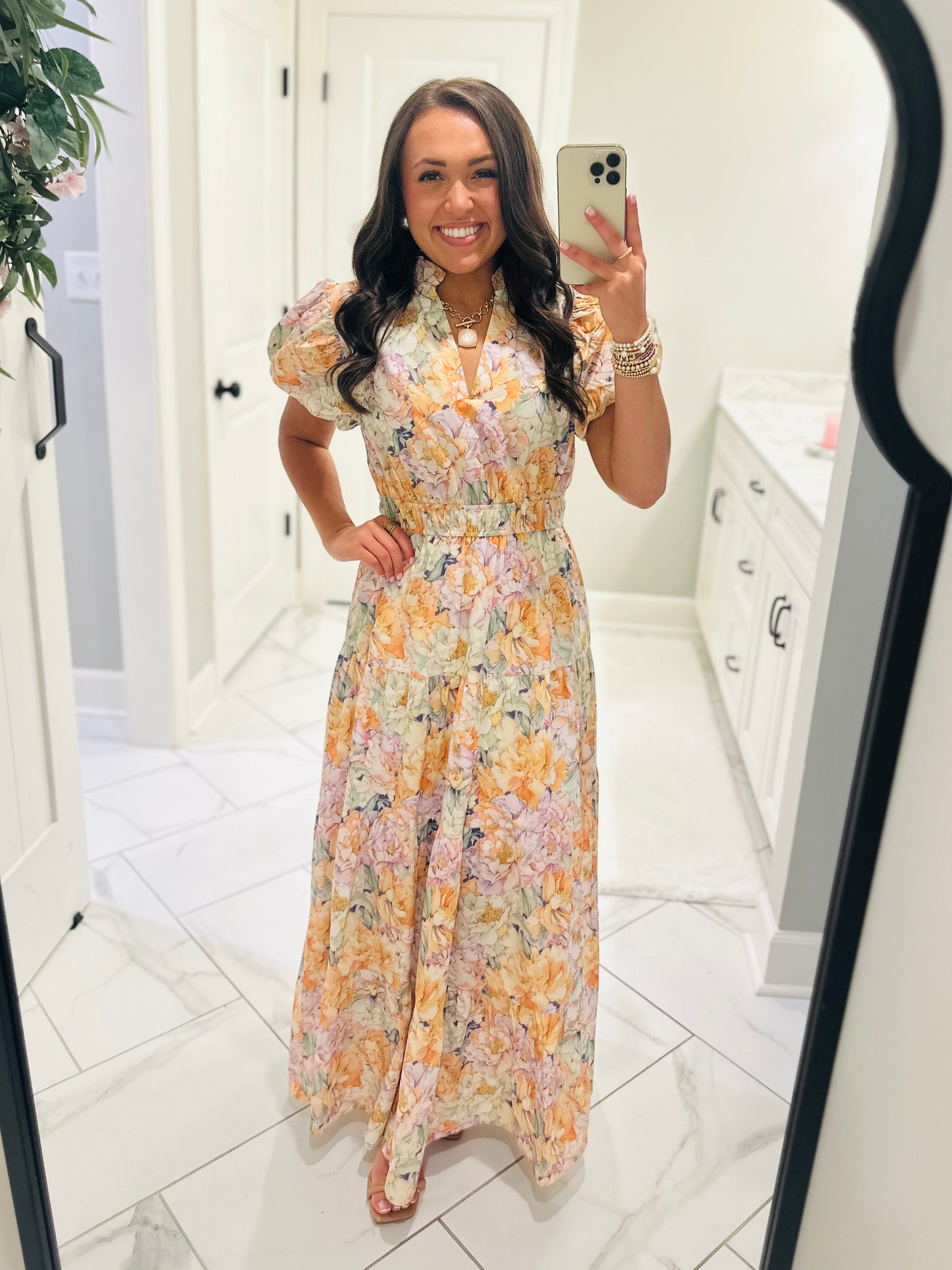 The Elizabeth Lavender + Orange Multicolor Floral Midi Dress