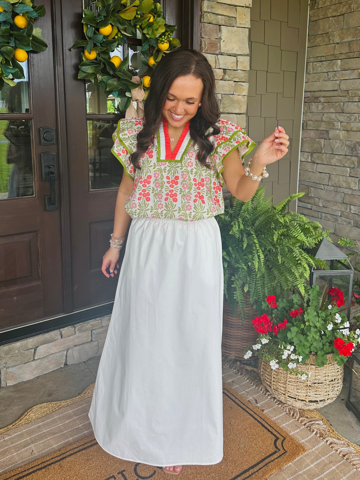 The Cora Green + Coral Floral Top