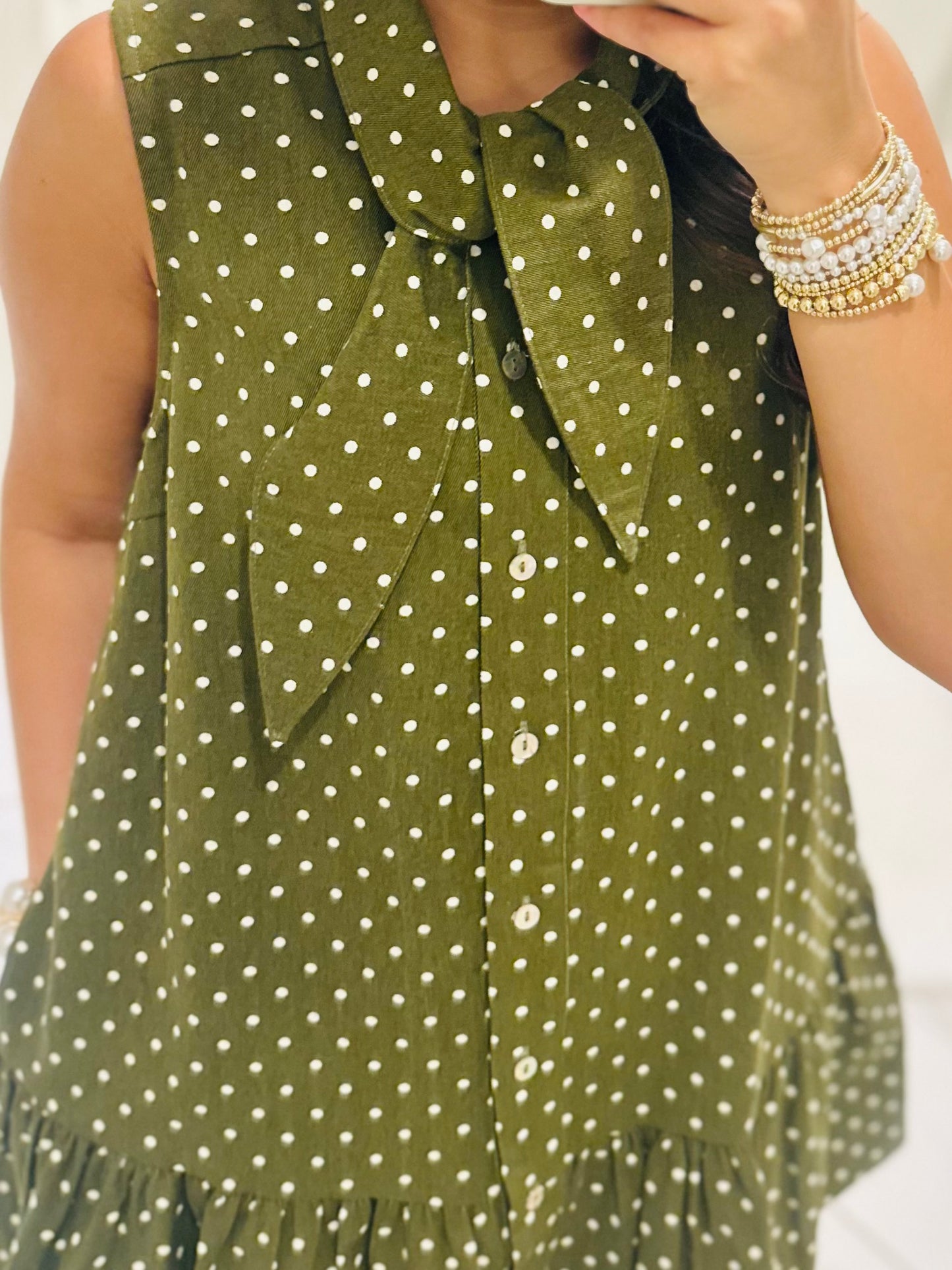The Stella Olive Green Polka Dot Denim Dress