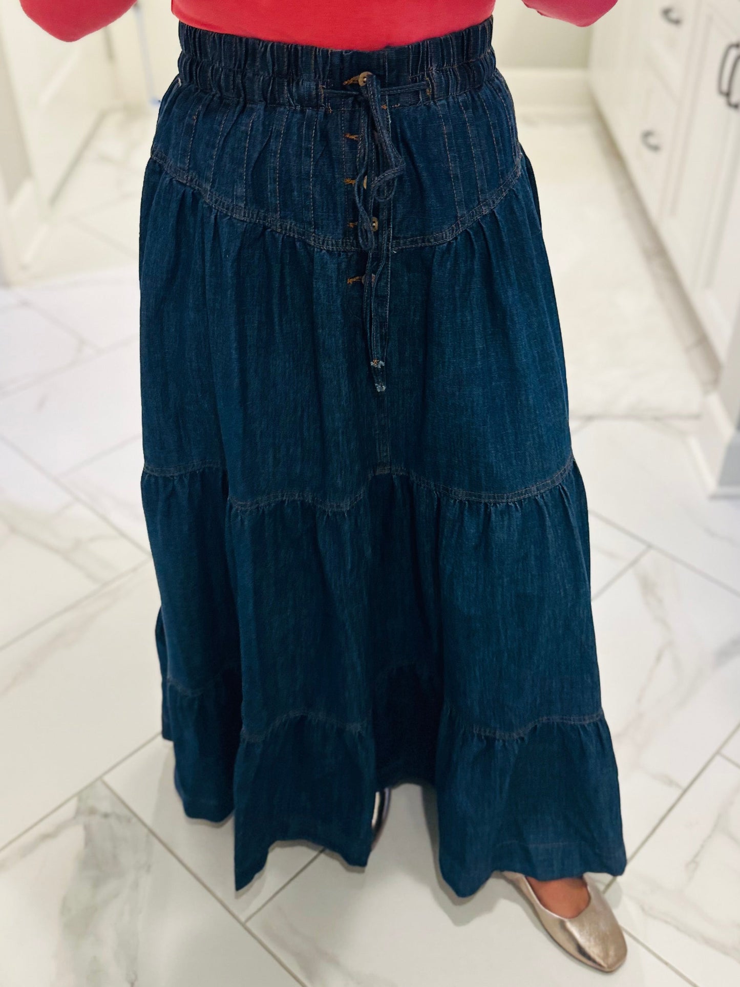 The Mamie Front Button Down Long Denim Skirt