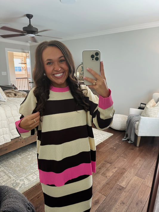 The Everlee Pink + Cream Striped Knit Sweater Top