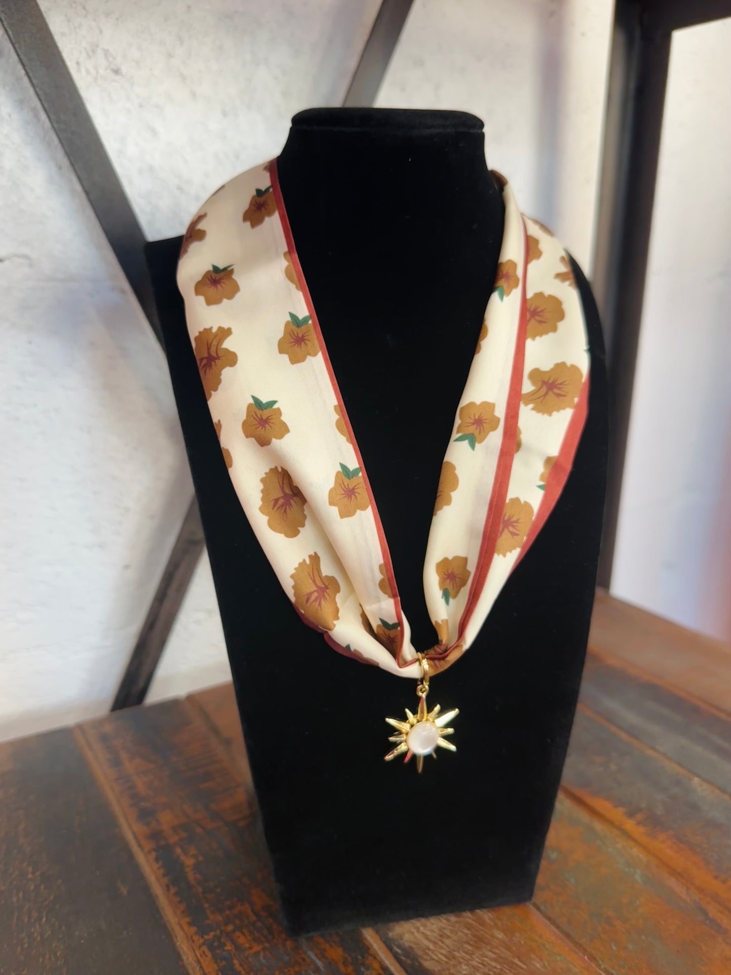 Brown Floral Silk Scarf + Gold Pendant Necklace