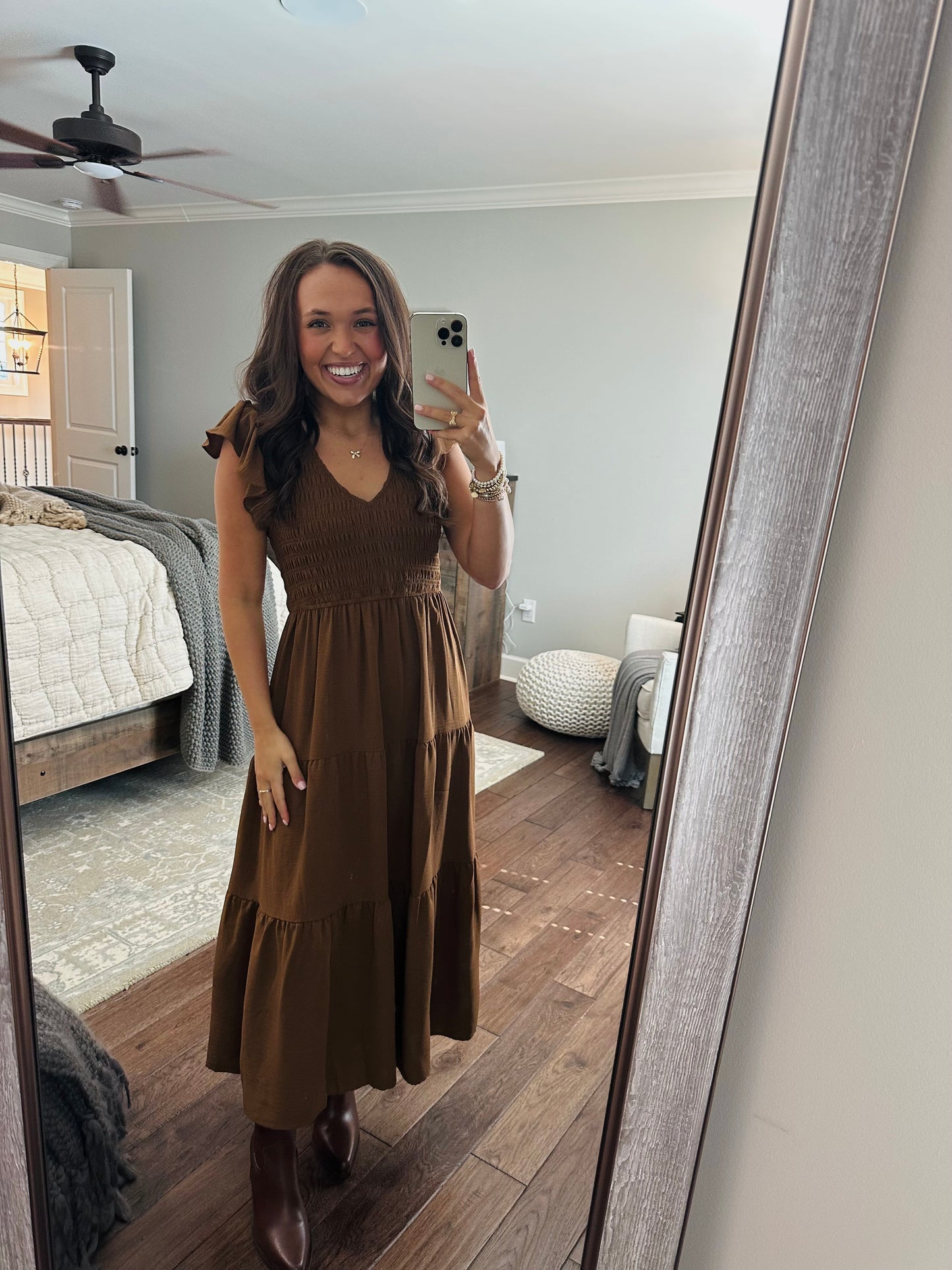 The Maple Copper Brown Flutter Sleeve Smocked Midi Dress