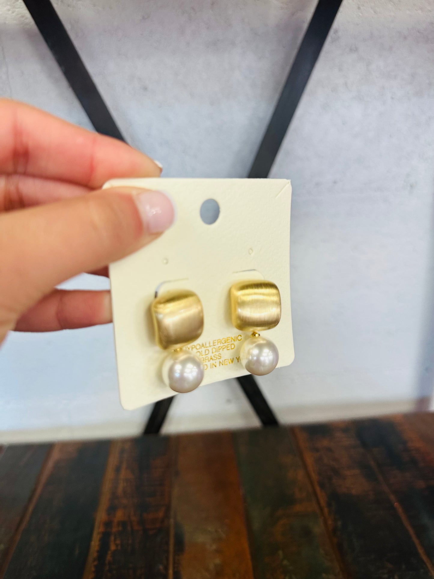 Gold Square Pearl Drop Earring
