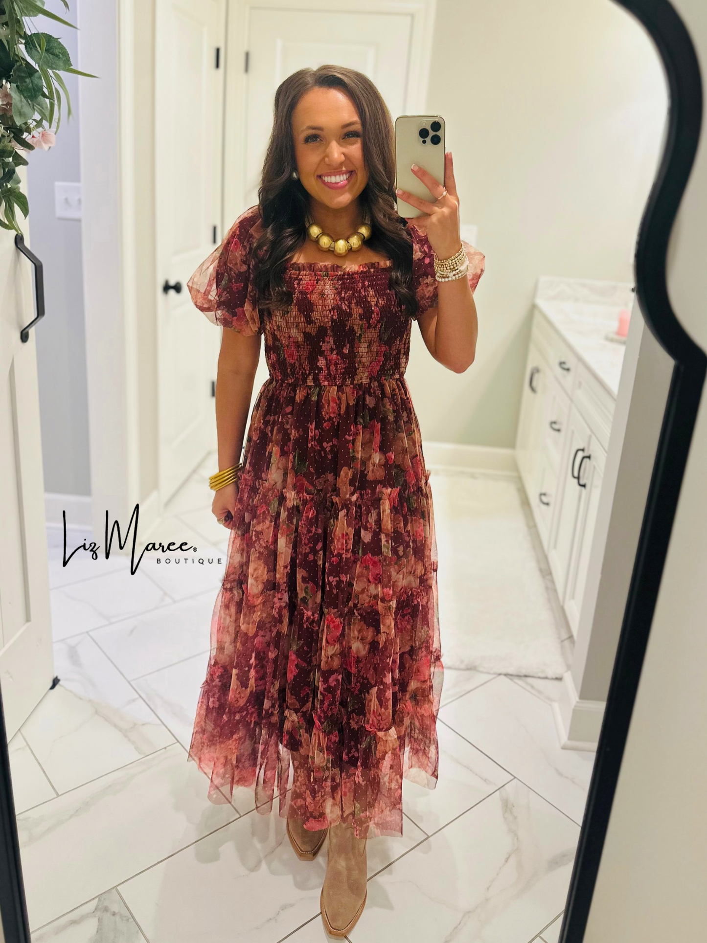 The Halston Burgundy Floral Polka Dot Midi Dress
