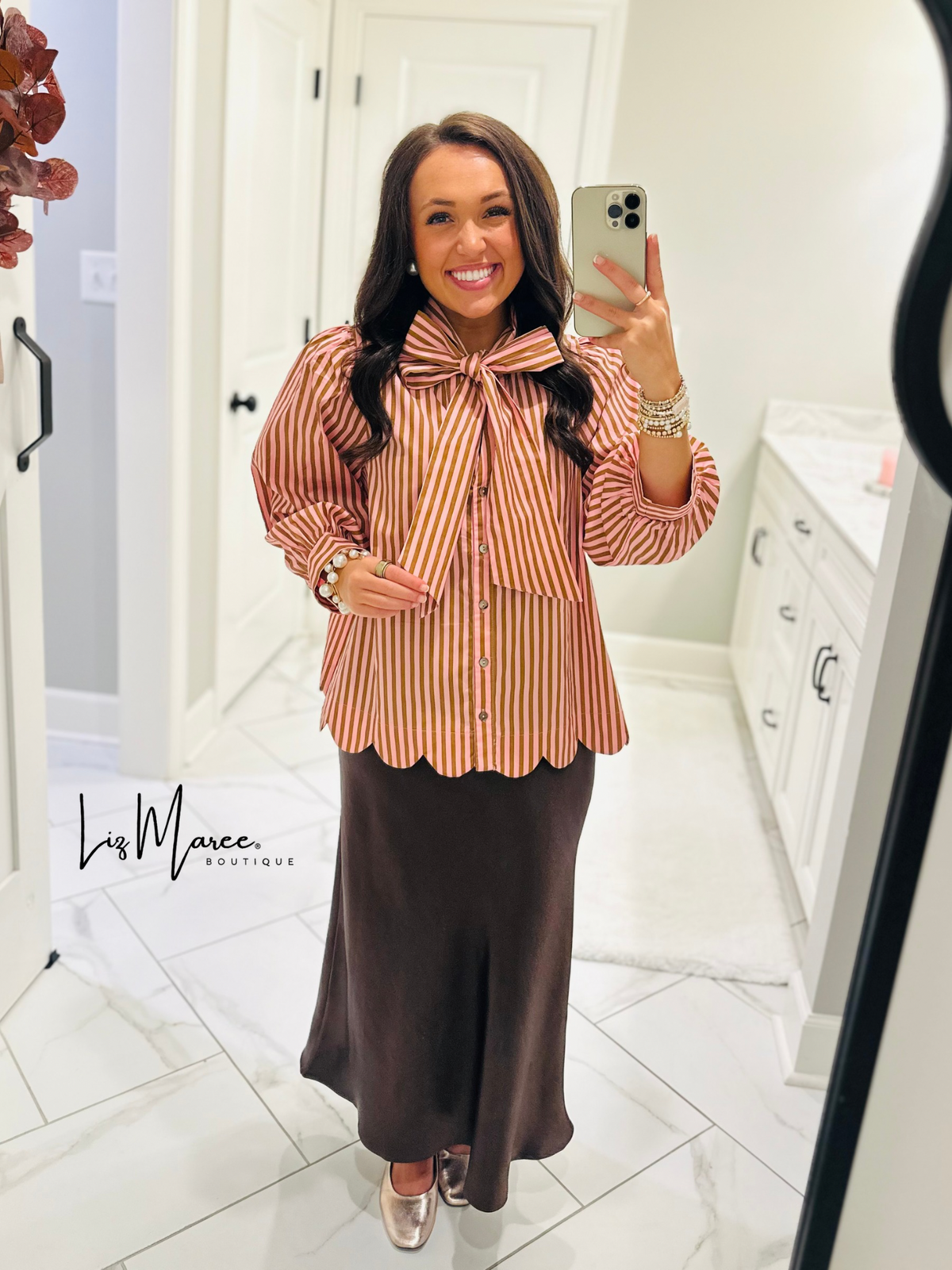 The Shelby Pink + Brown Striped Bow Top