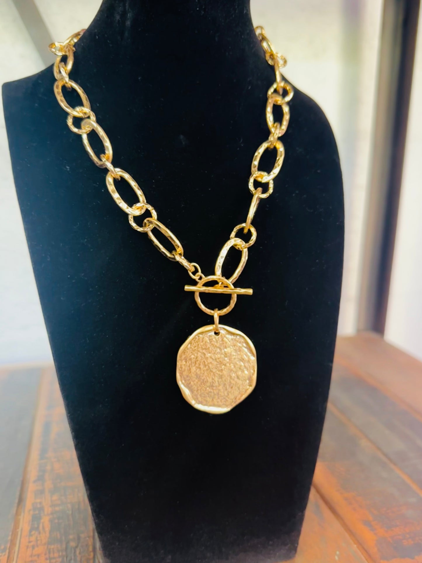 Gold Hammered Coin Charm Chain Necklace