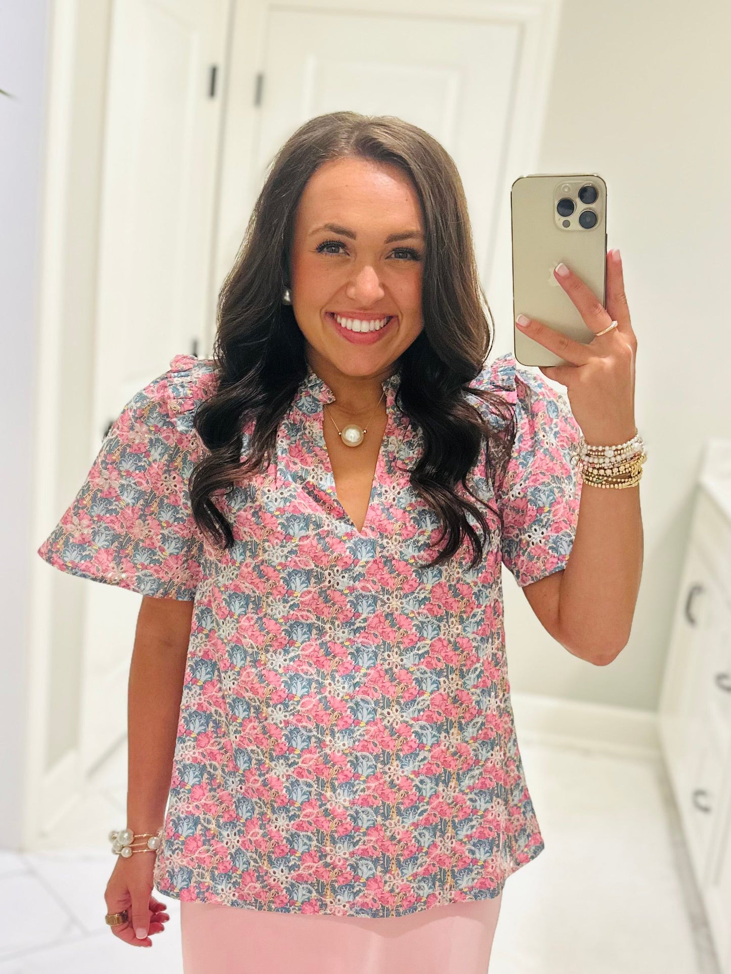 The Gemalee Pink + Green Eyelet Top