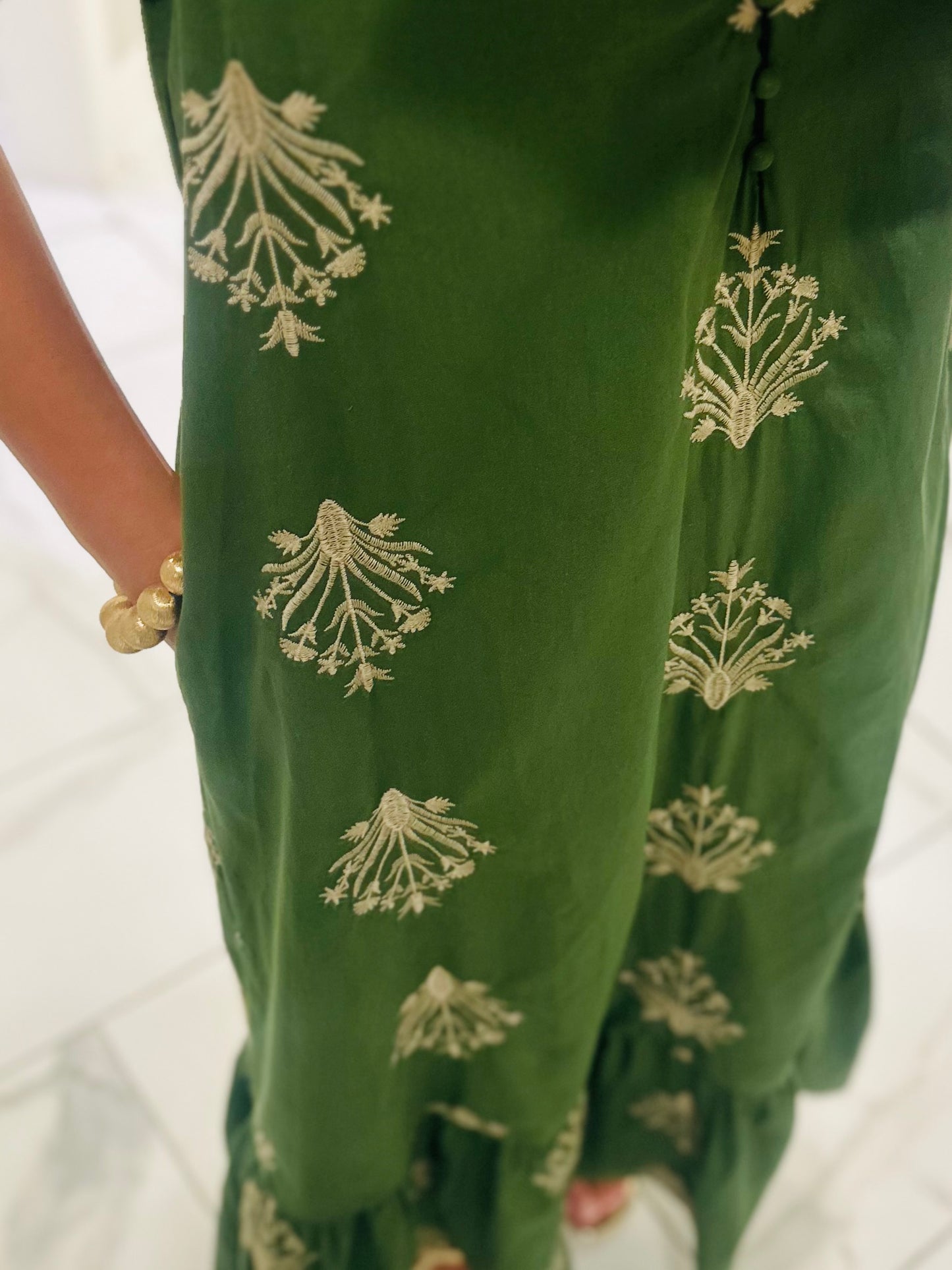 The Nola Olive Green Botanical Embroidered Midi Dress
