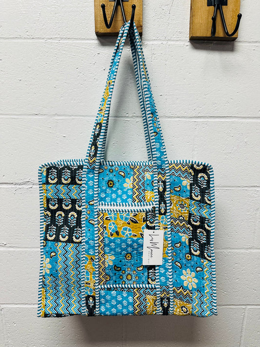 The Blue + Black Multi Pattern Quilted Tote Bag