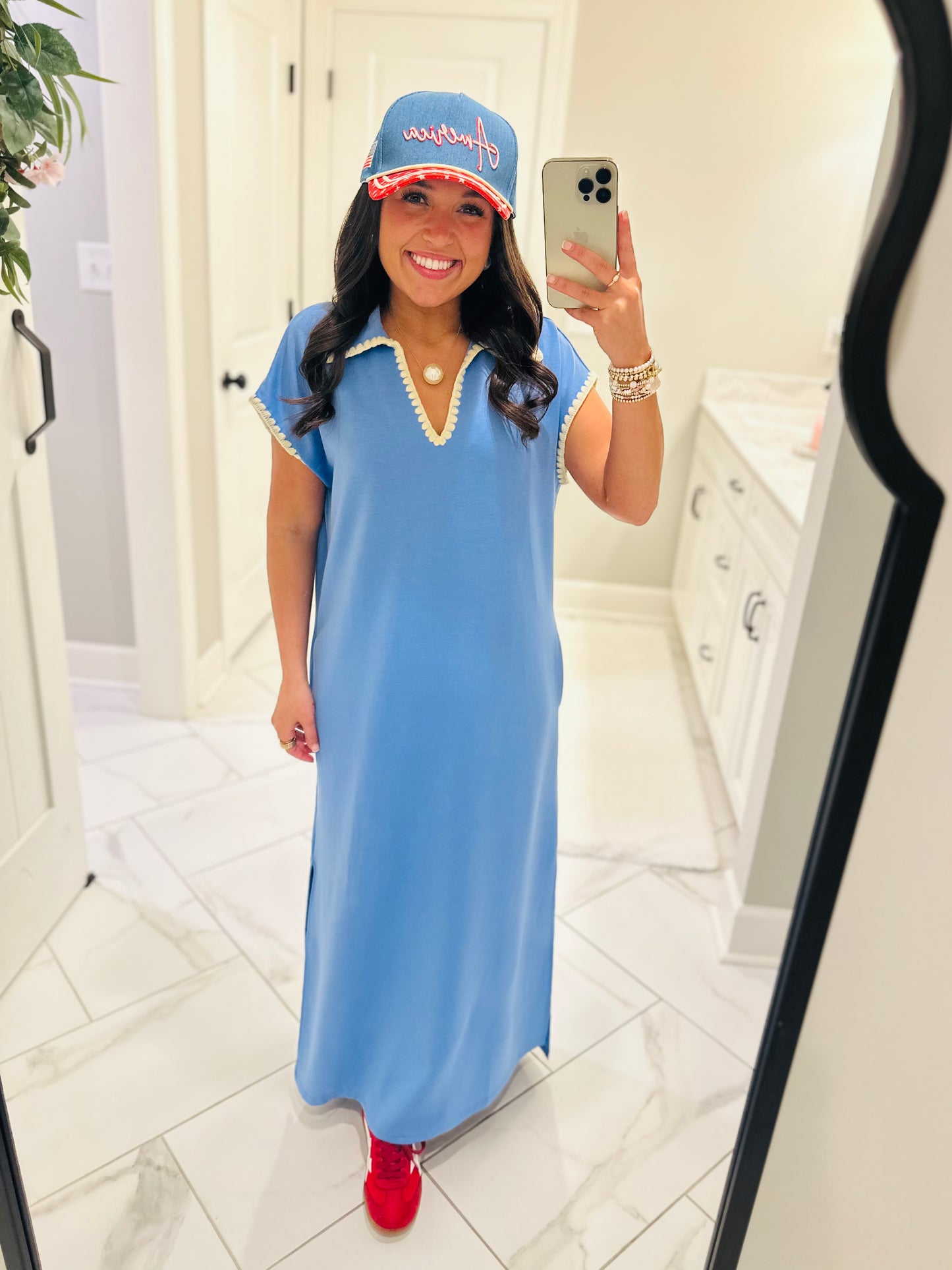 The Sarah Blue Collared Stitch Midi Dress