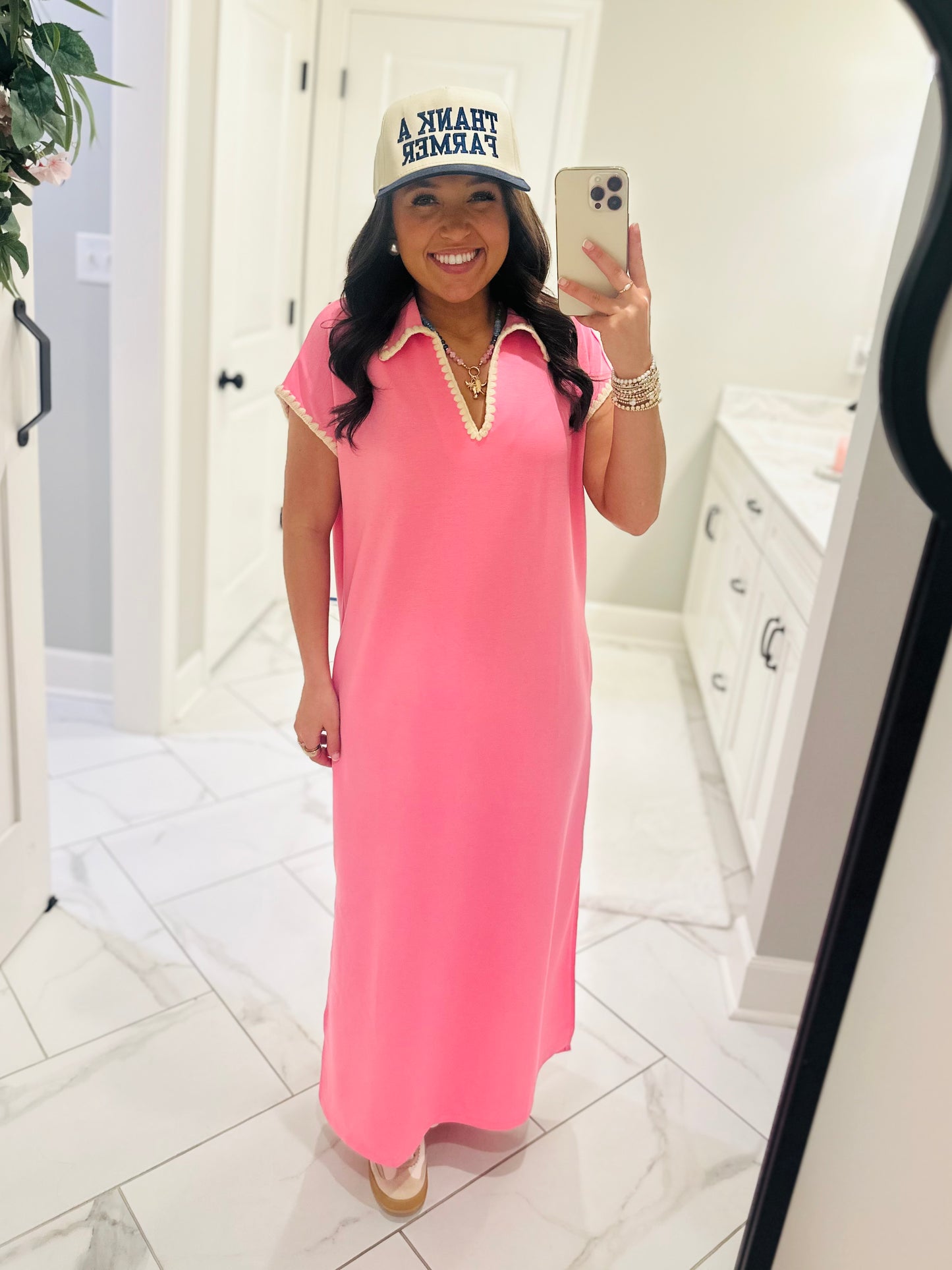 The Sarah Pink Collared Stitch Midi Dress