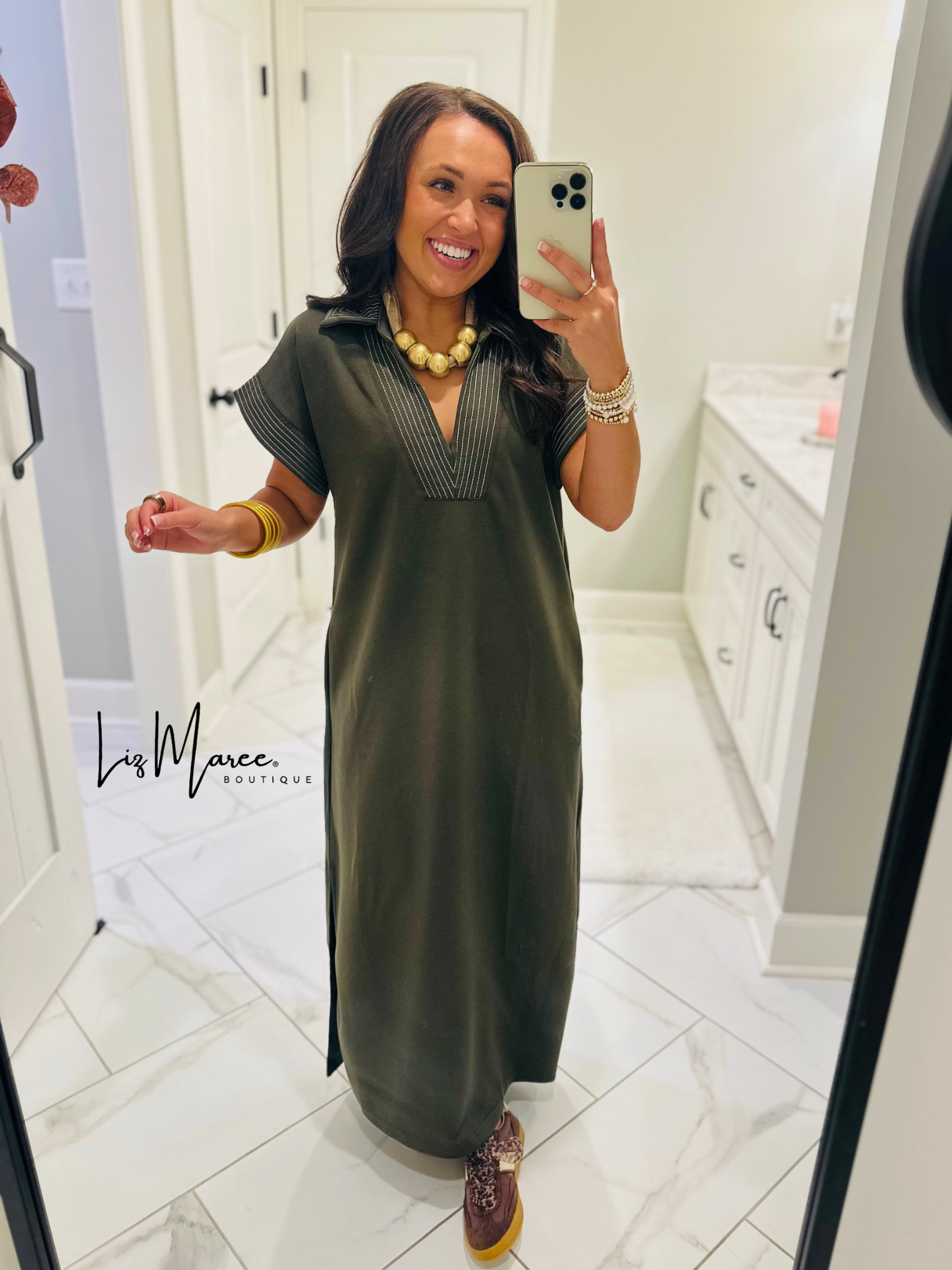The Parker Olive Collared Stitch Midi Dress