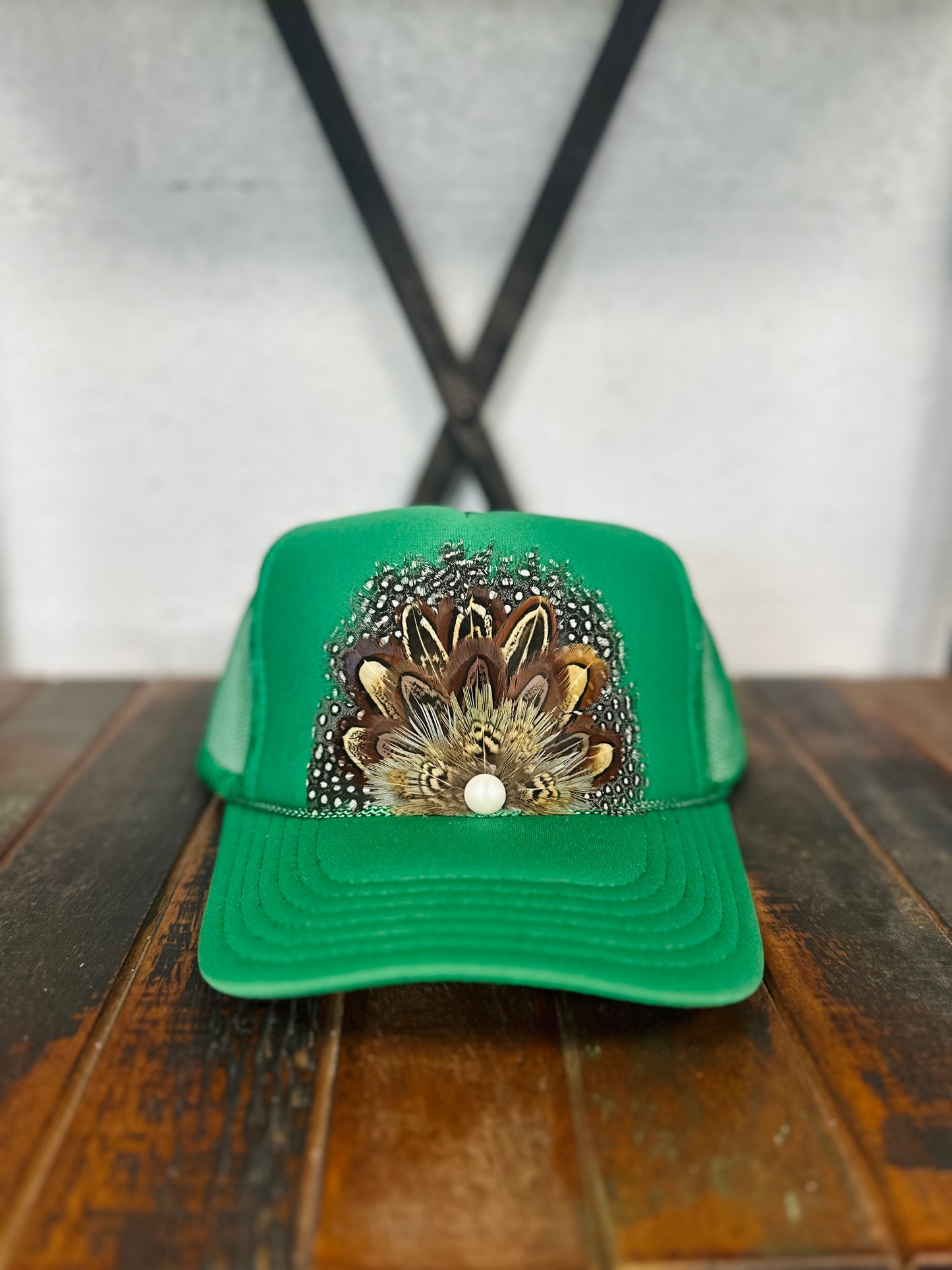 Green Feather + Pearl Trucker Hat