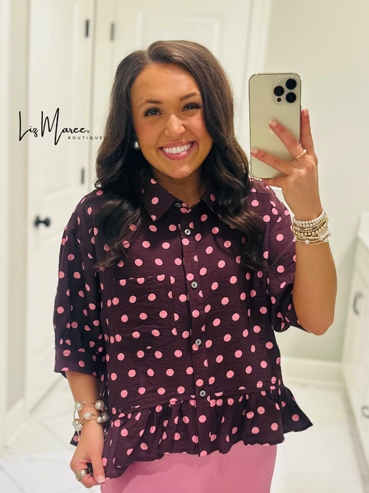 The Hanna Pink + Wine Polka Dot Top