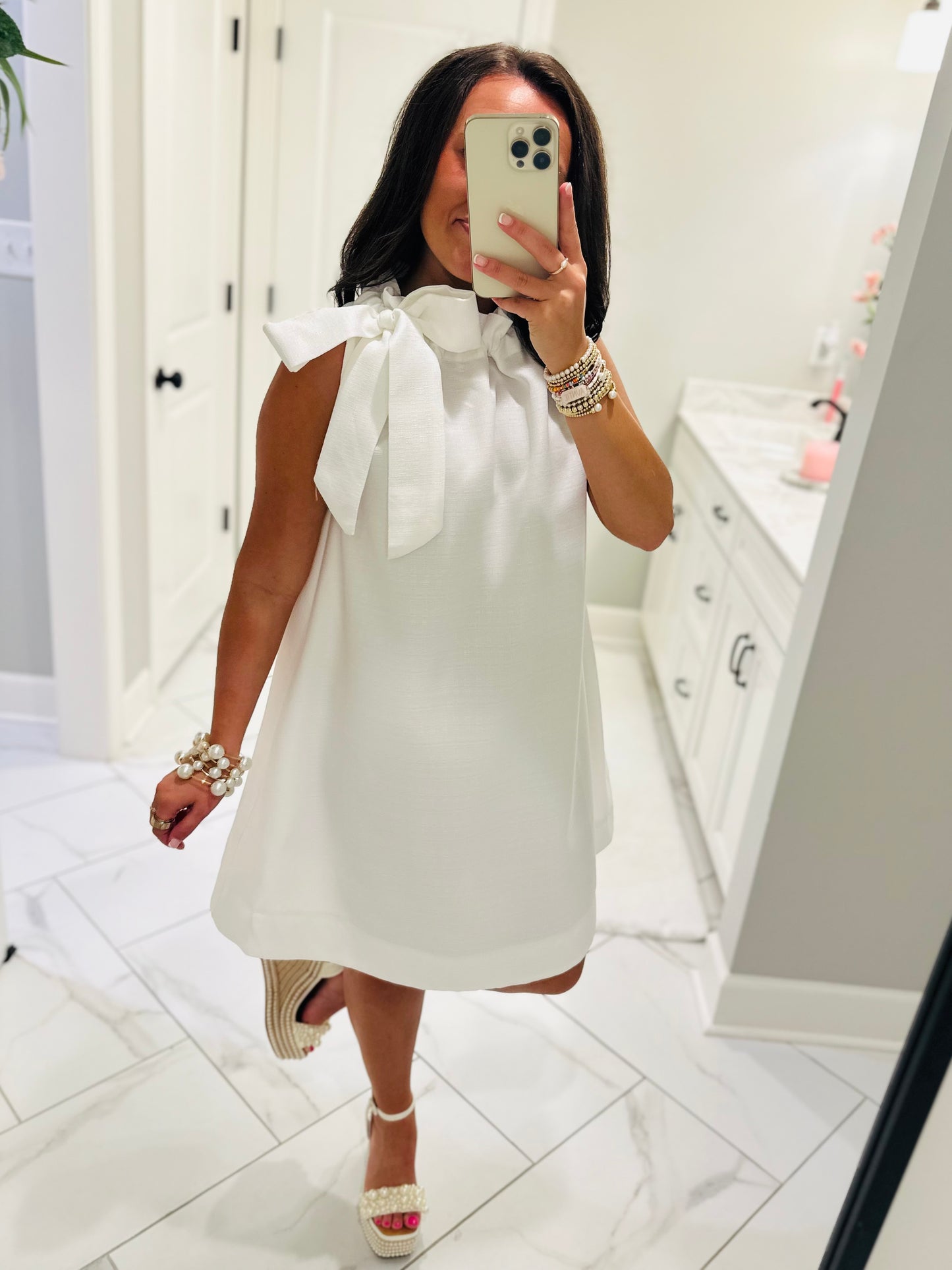 The Elizabeth White Tie Neck Shift Dress