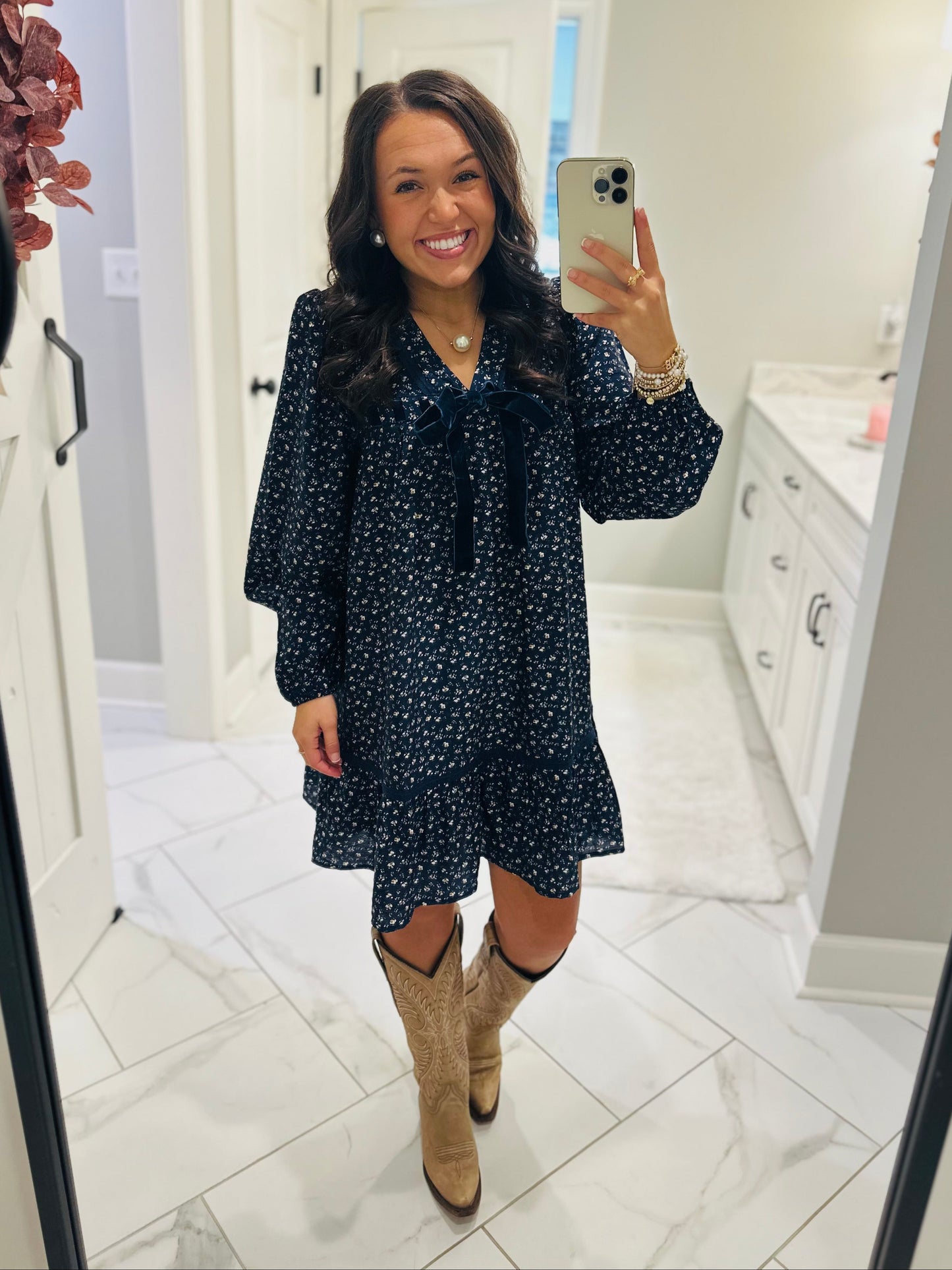 The Rhea Navy Floral Long Sleeve Bow Detail Dress