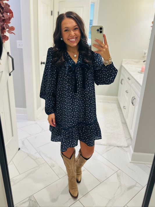 The Rhea Navy Floral Long Sleeve Bow Detail Dress